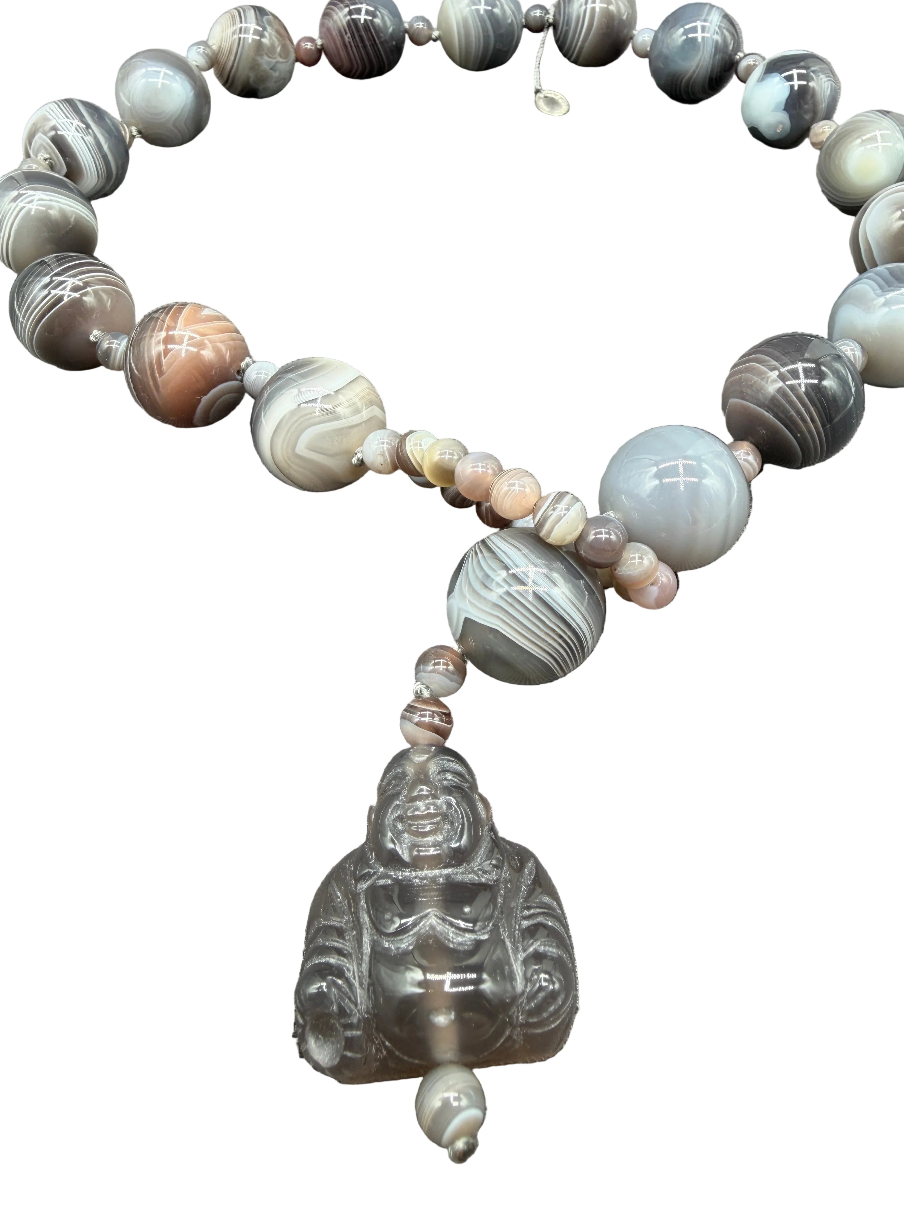1980s Jehanne de Biolley Botswana Agate Necklace with Buddha Charm