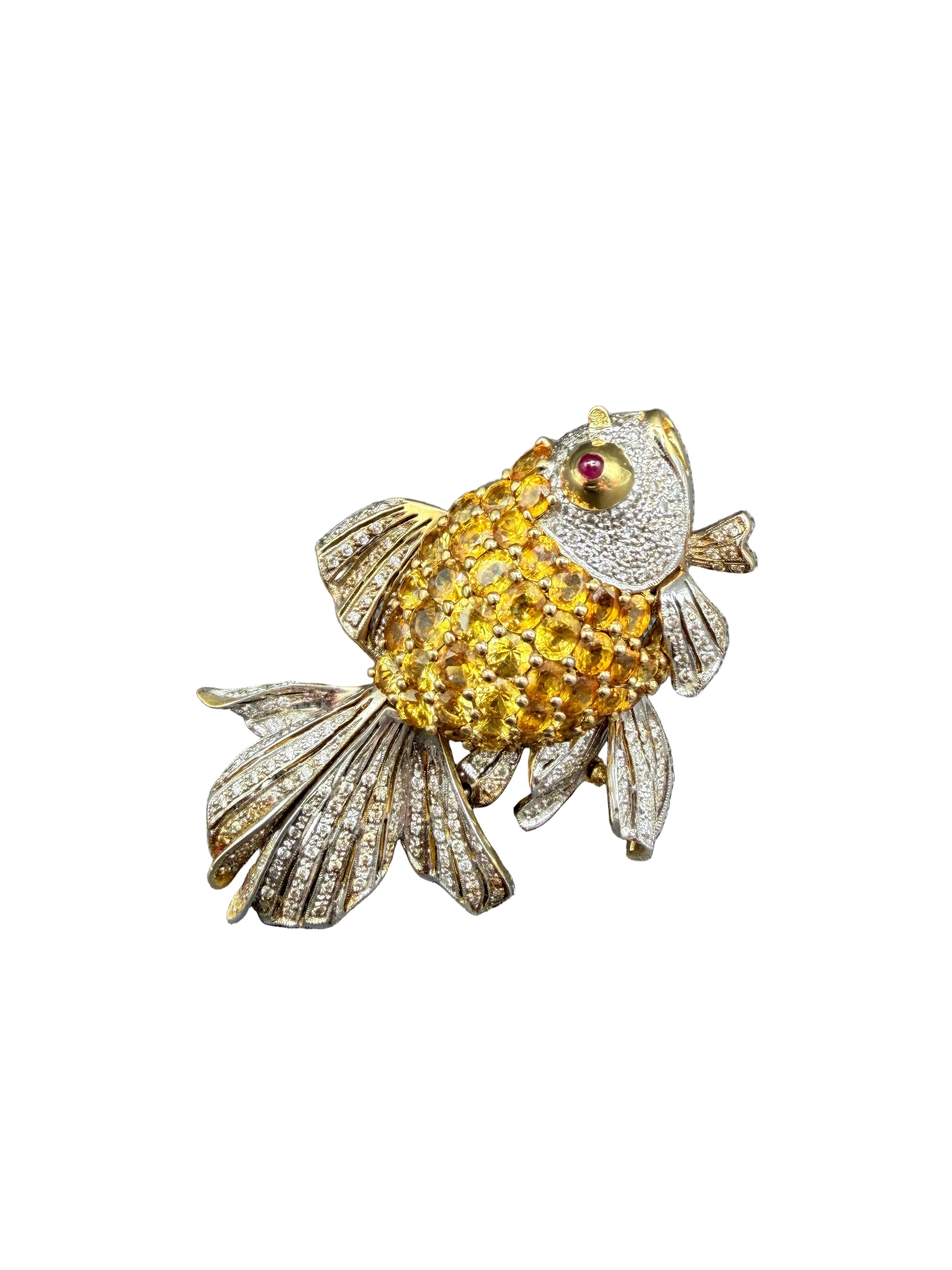 Italian 18K Gold Betta Fish Ring with Yellow Sapphires, Diamonds &amp; Ruby