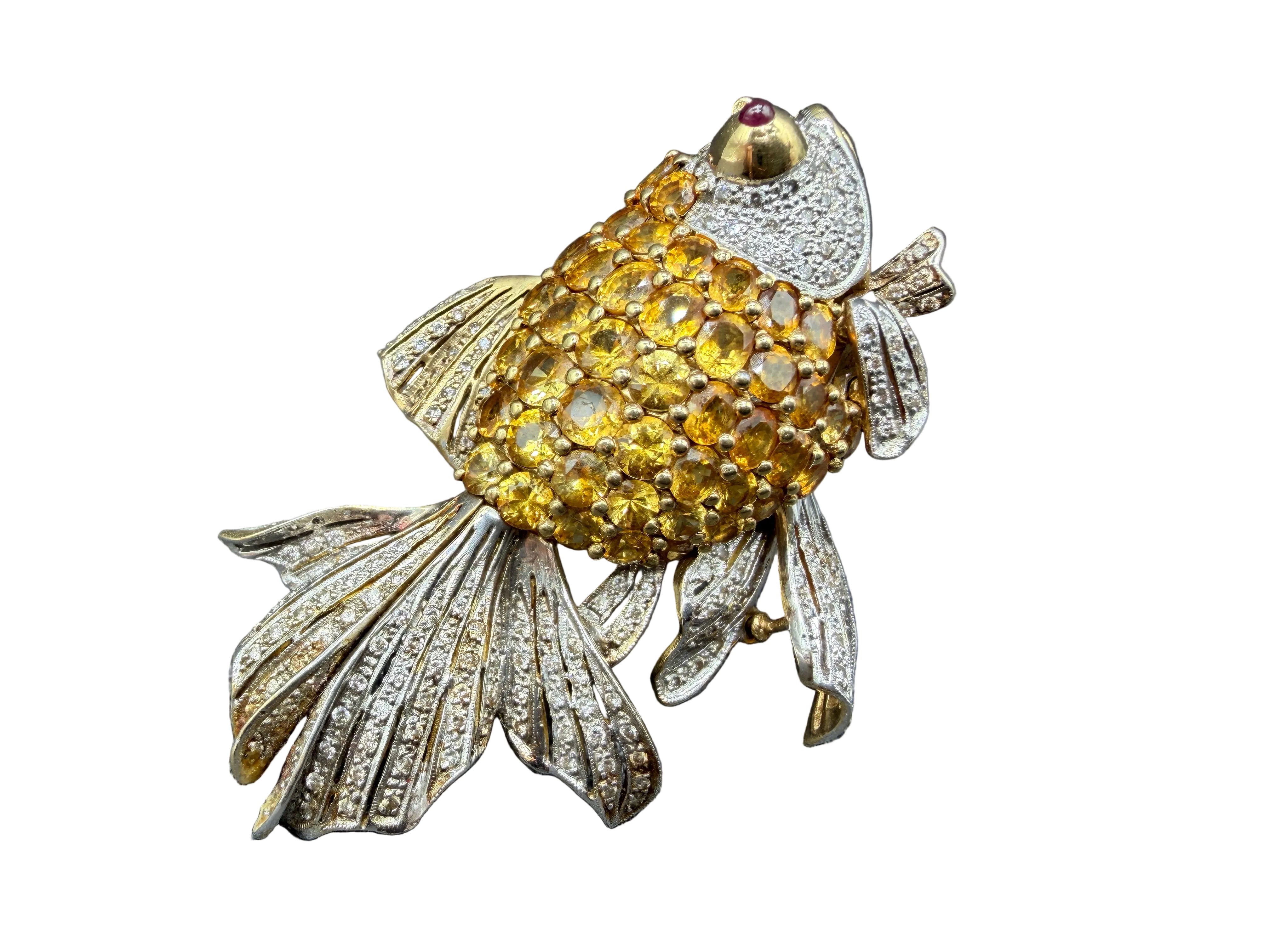 Italian 18K Gold Betta Fish Ring with Yellow Sapphires, Diamonds &amp; Ruby