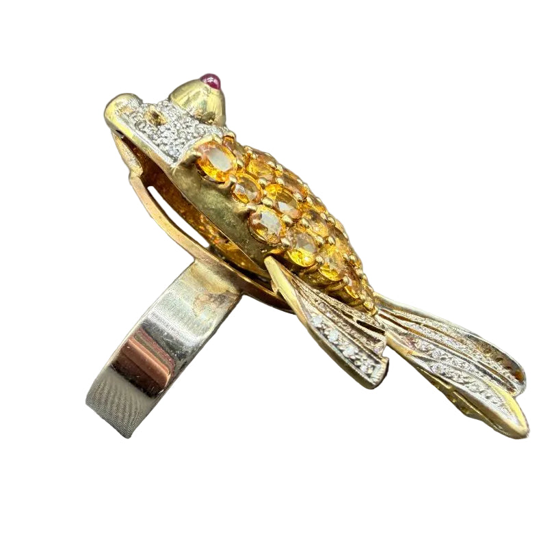 Italian 18K Gold Betta Fish Ring with Yellow Sapphires, Diamonds &amp; Ruby