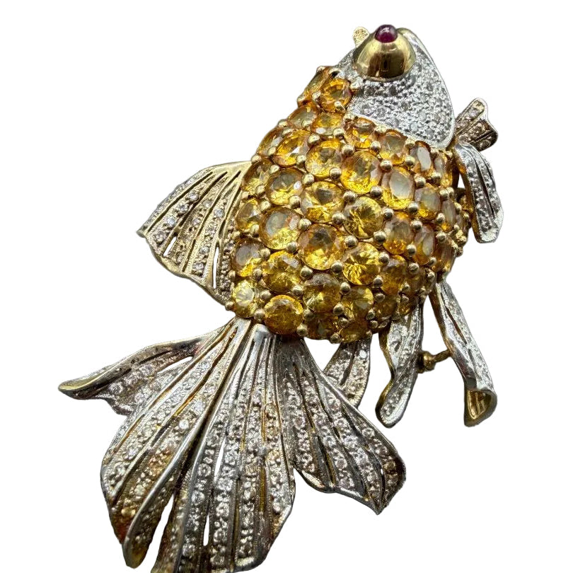 Italian 18K Gold Betta Fish Ring with Yellow Sapphires, Diamonds &amp; Ruby