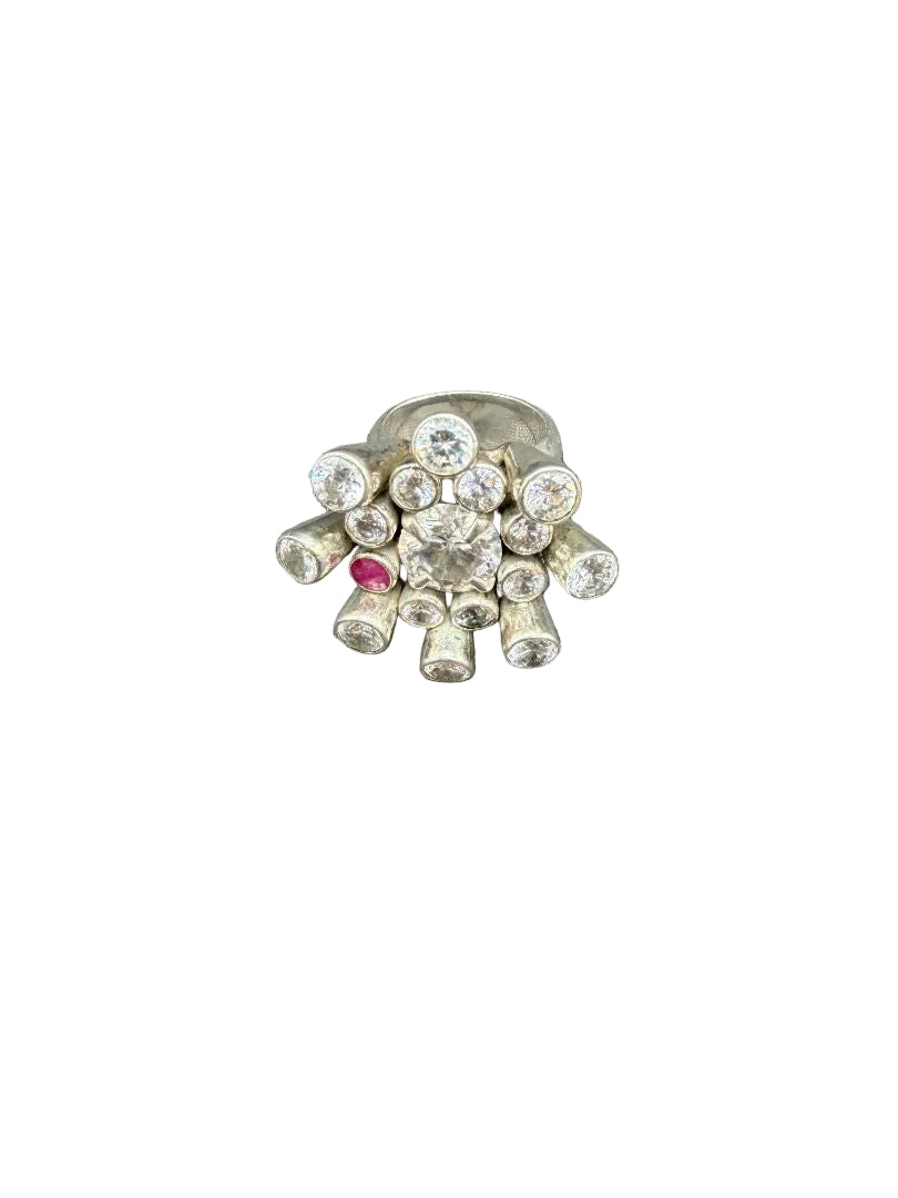 1970s Platinum Mid-Century Modern Sputnik Ring with Austrian Crystals & Ruby