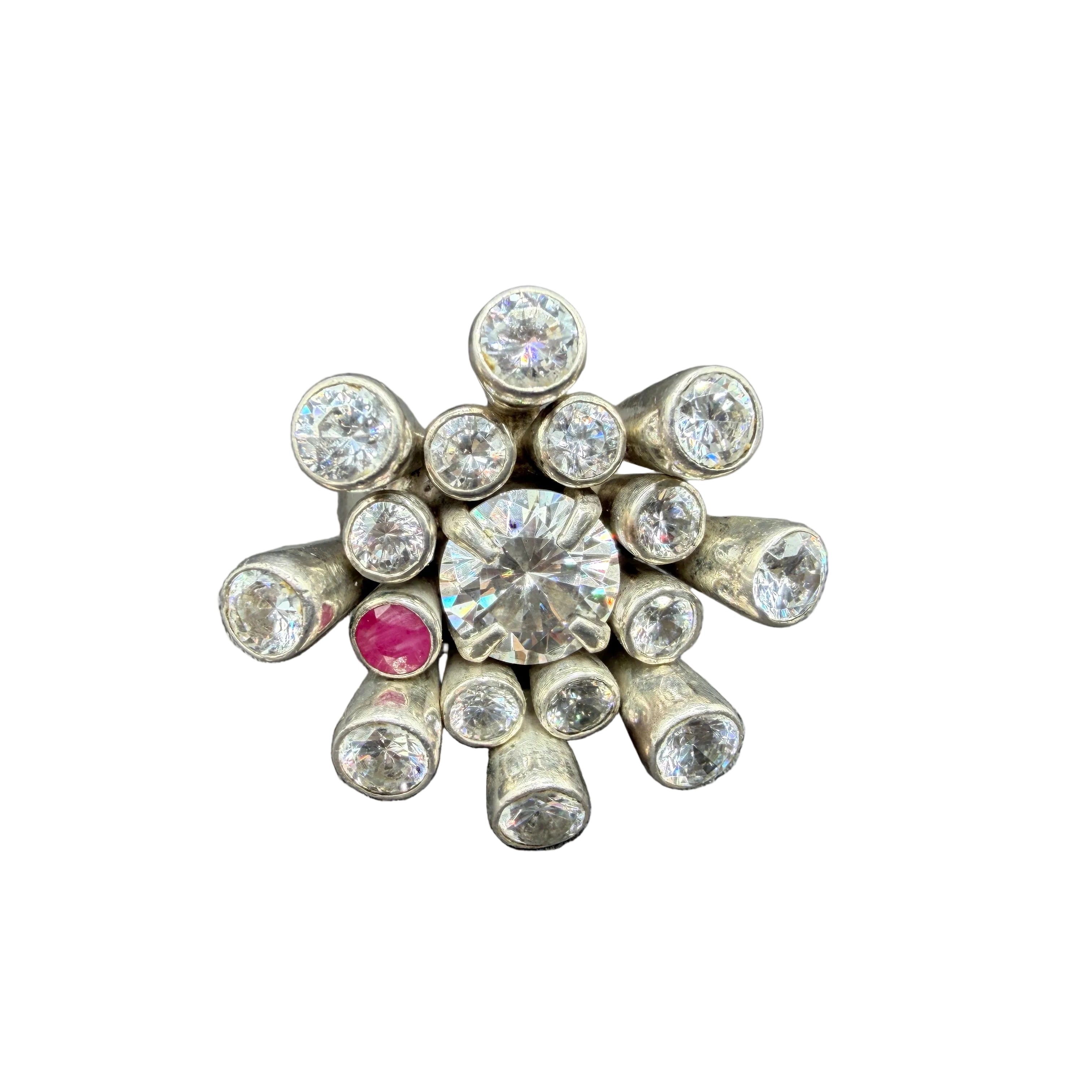 1970s Platinum Mid-Century Modern Sputnik Ring with Austrian Crystals & Ruby