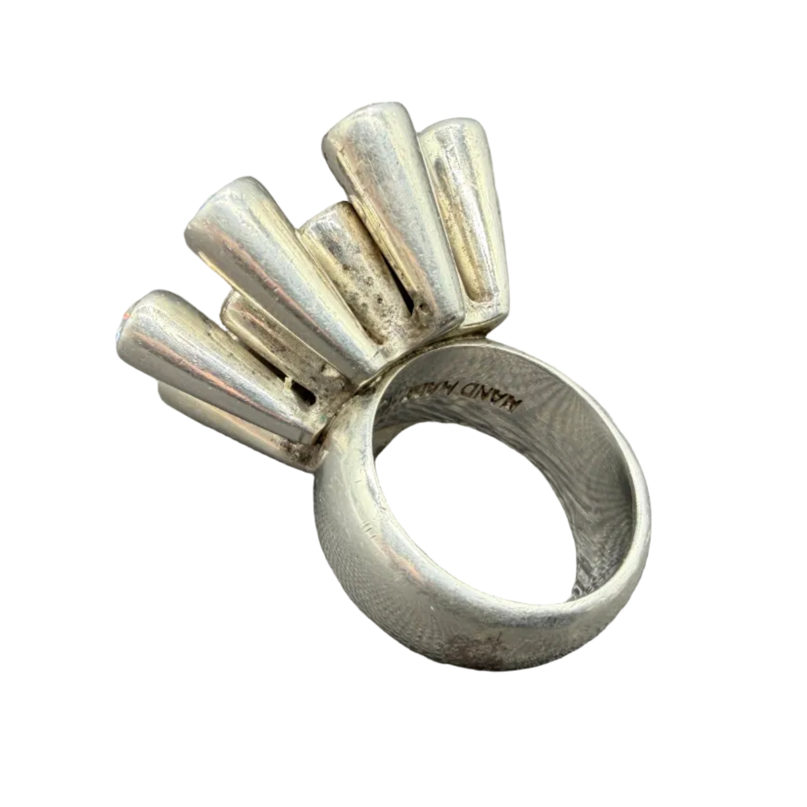 1970s Platinum Mid-Century Modern Sputnik Ring with Austrian Crystals & Ruby