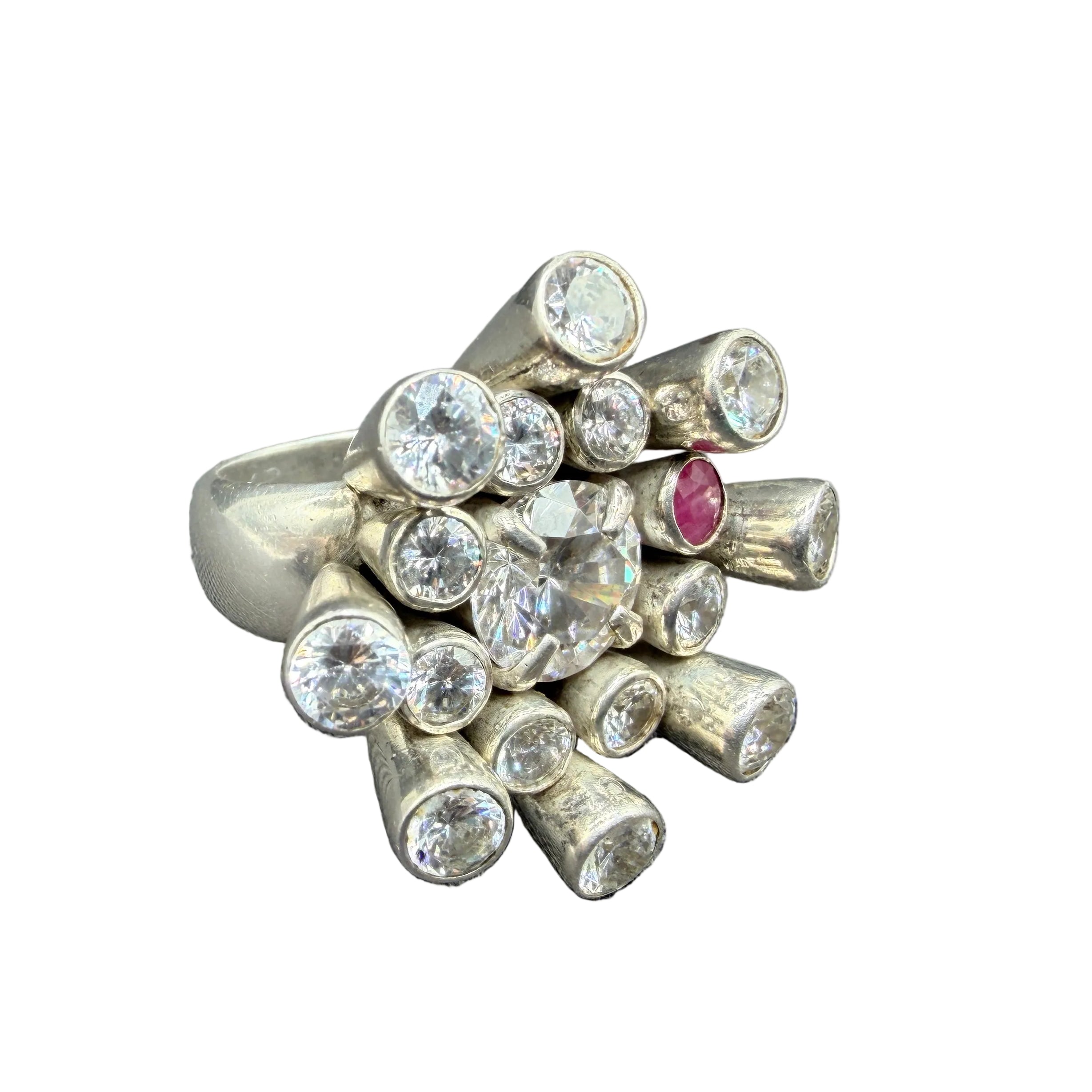 1970s Platinum Mid-Century Modern Sputnik Ring with Austrian Crystals & Ruby