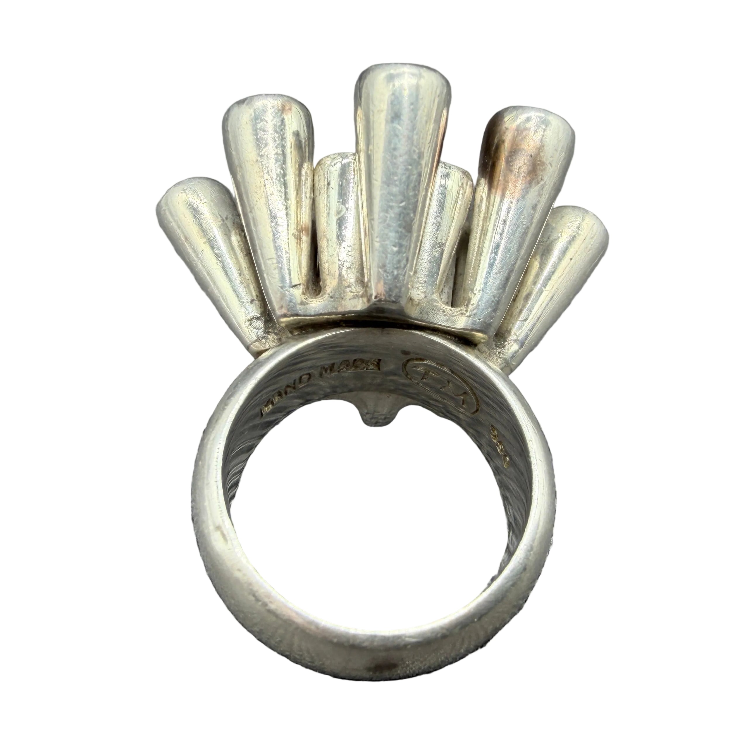 1970s Platinum Mid-Century Modern Sputnik Ring with Austrian Crystals & Ruby