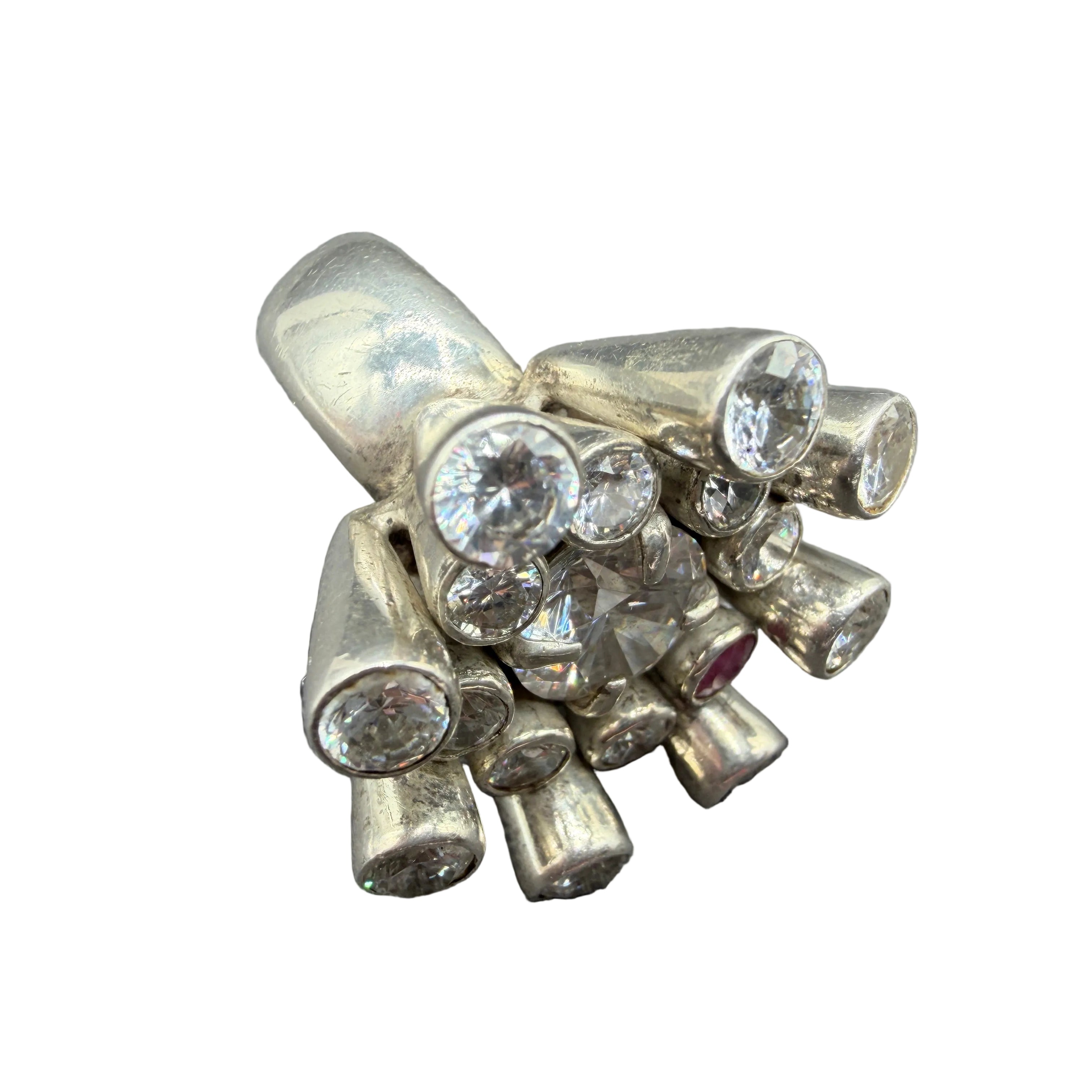 1970s Platinum Mid-Century Modern Sputnik Ring with Austrian Crystals & Ruby