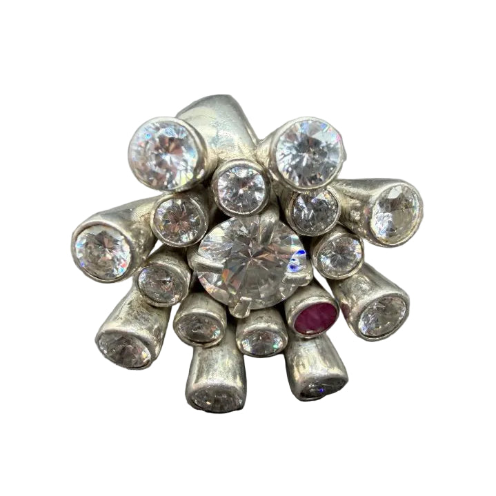 1970s Platinum Mid-Century Modern Sputnik Ring with Austrian Crystals & Ruby