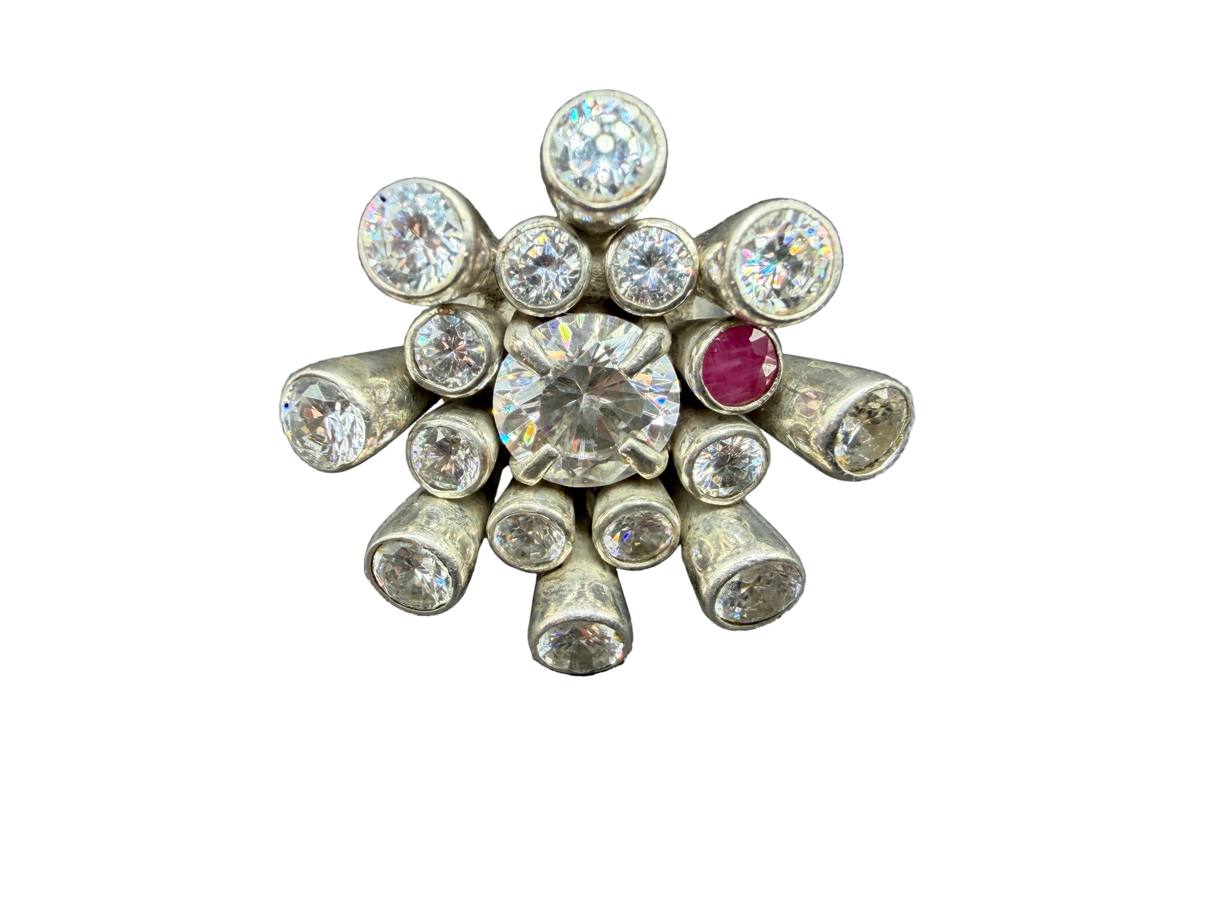 1970s Platinum Mid-Century Modern Sputnik Ring with Austrian Crystals & Ruby