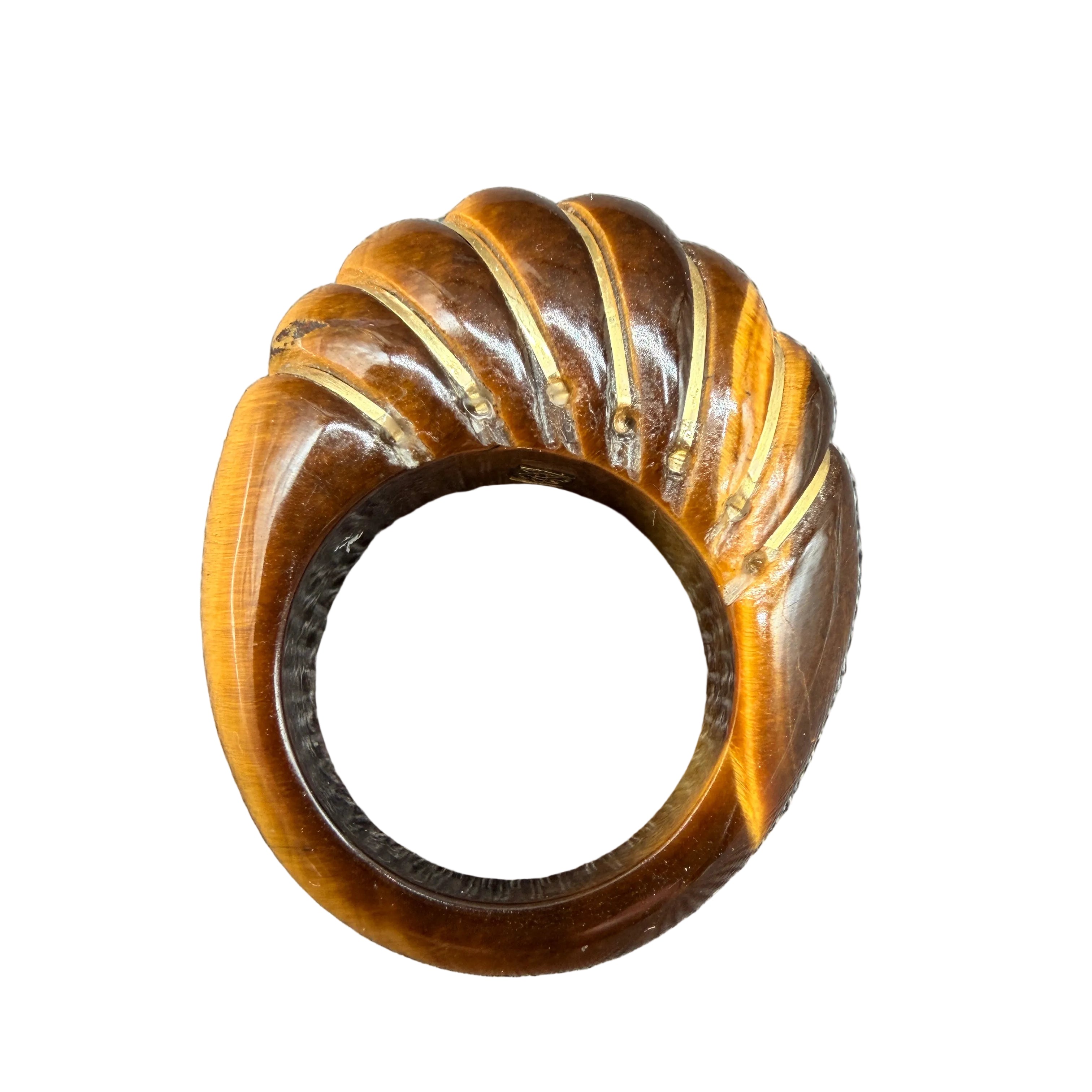 1970s Tiger's Eye Scalloped Domed Ring with 14K Gold Inlay Bands
