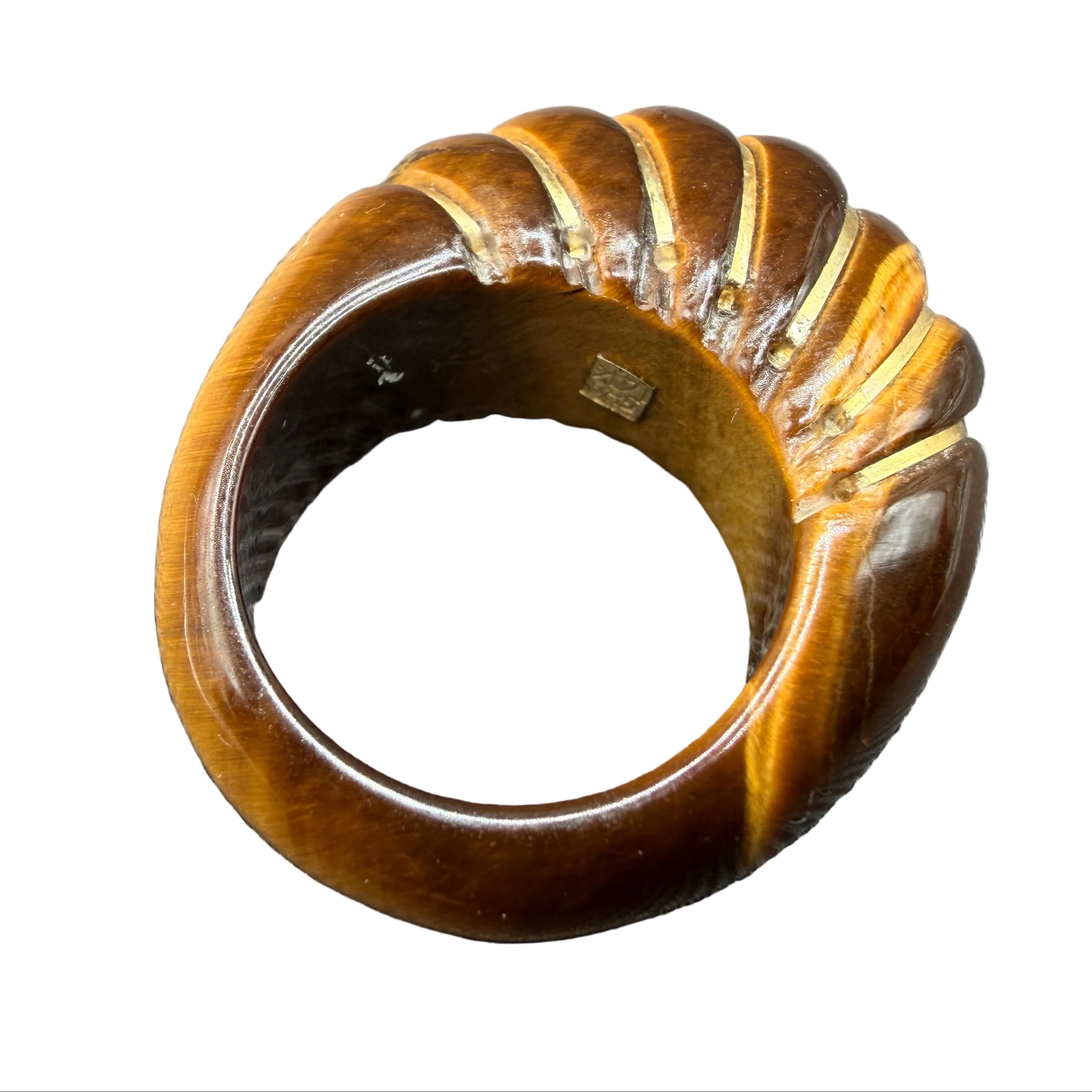 1970s Tiger's Eye Scalloped Domed Ring with 14K Gold Inlay Bands