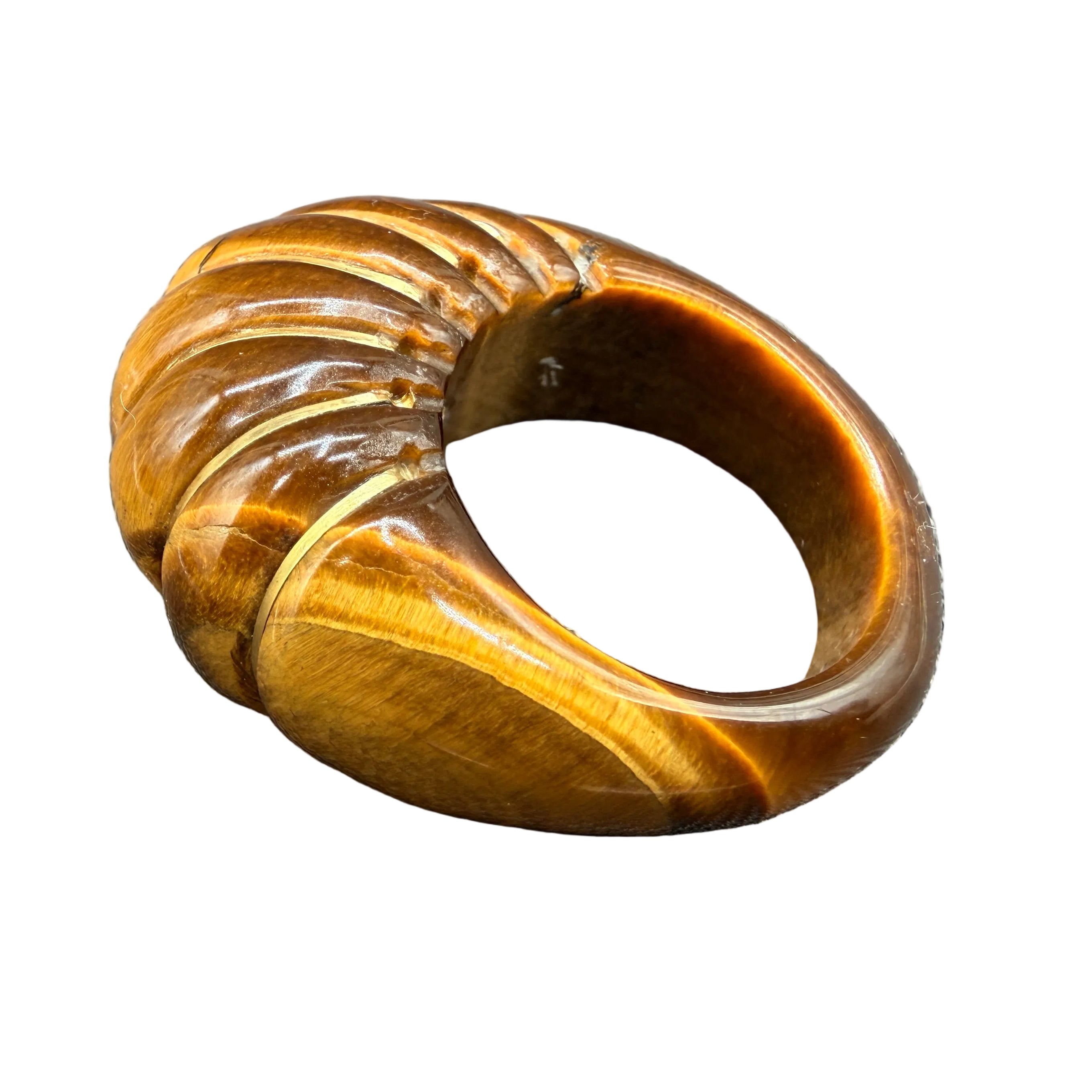 1970s Tiger's Eye Scalloped Domed Ring with 14K Gold Inlay Bands