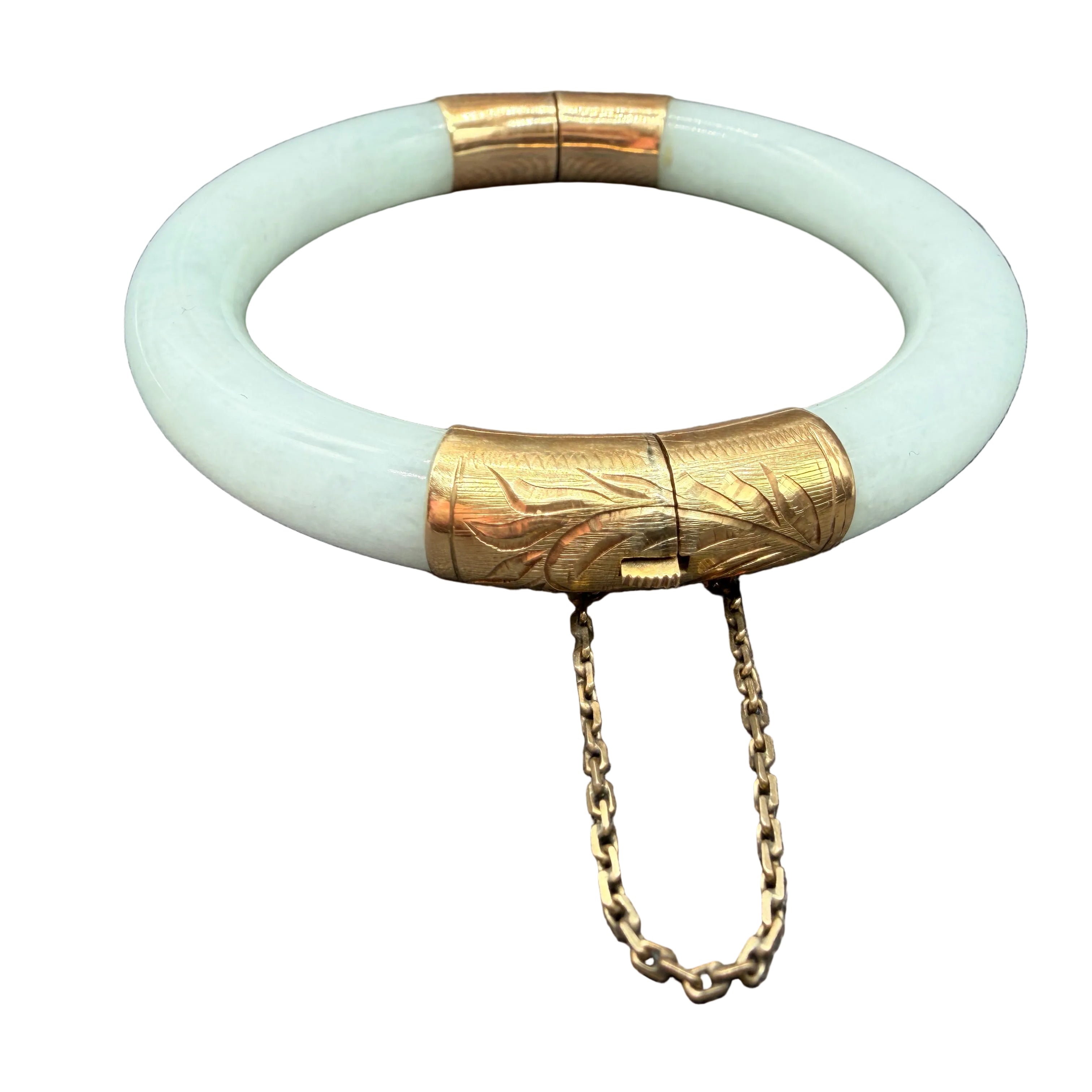 1950s White Jade Hinged Bangle Bracelet with 14K Gold Accents