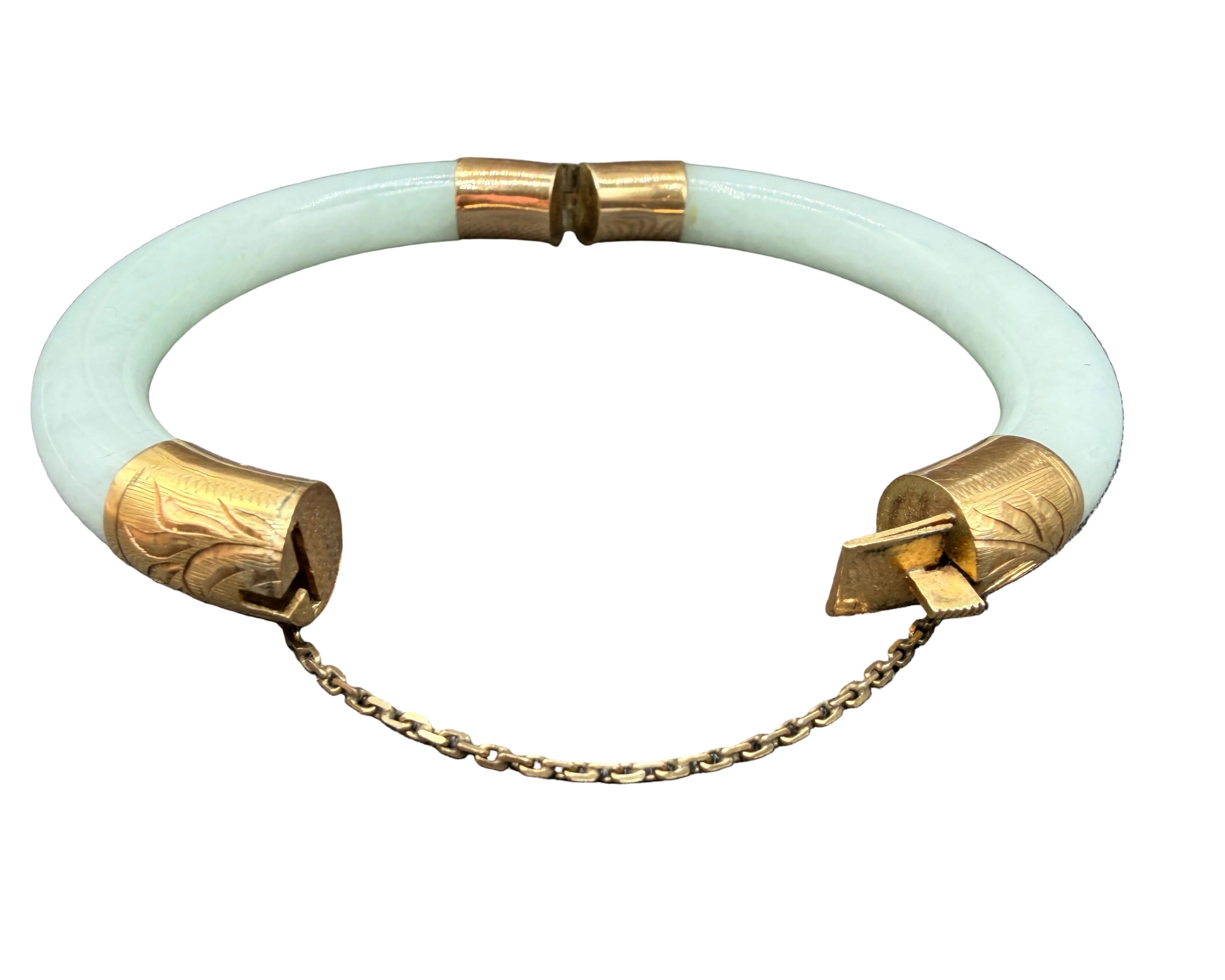 1950s White Jade Hinged Bangle Bracelet with 14K Gold Accents