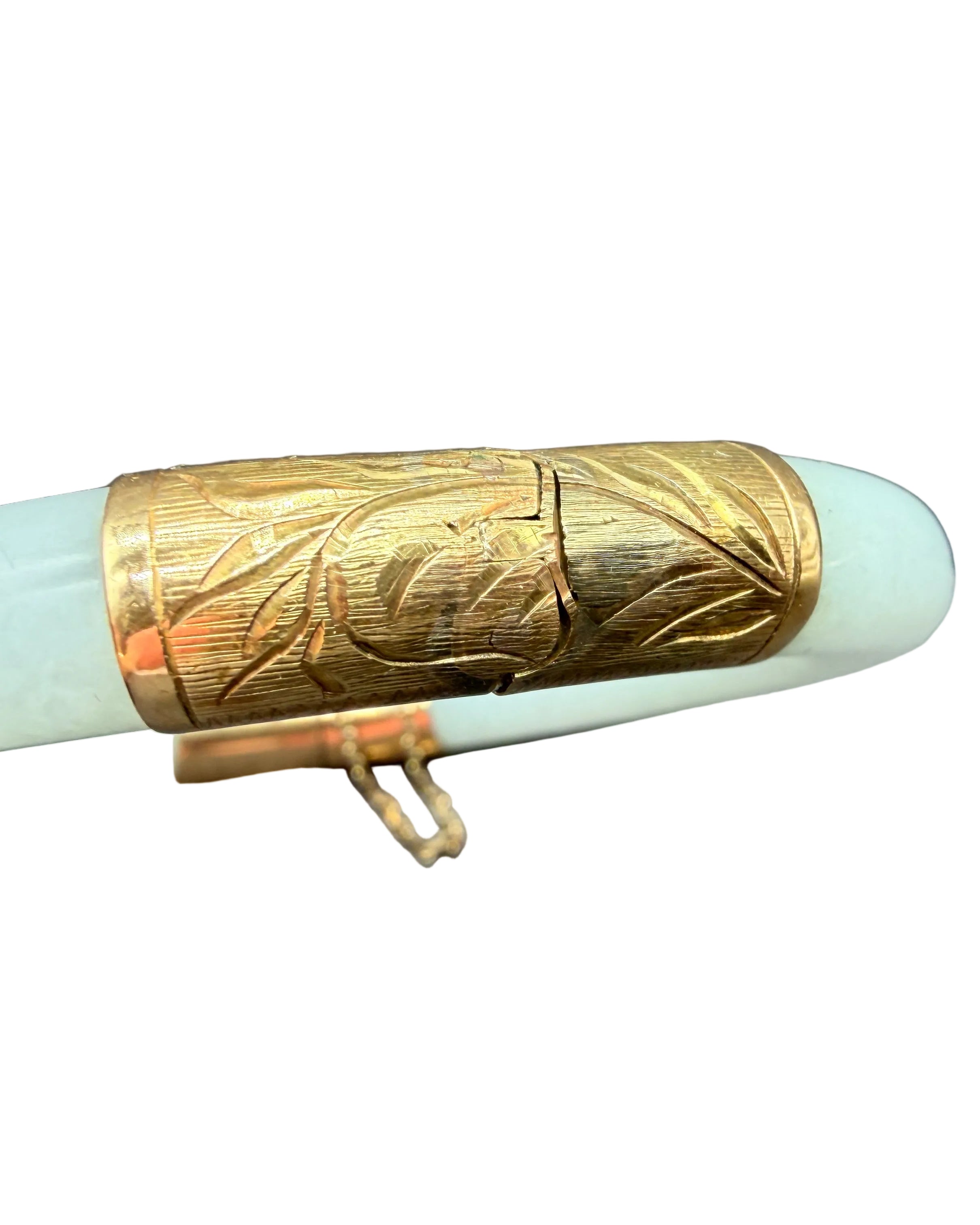 1950s White Jade Hinged Bangle Bracelet with 14K Gold Accents