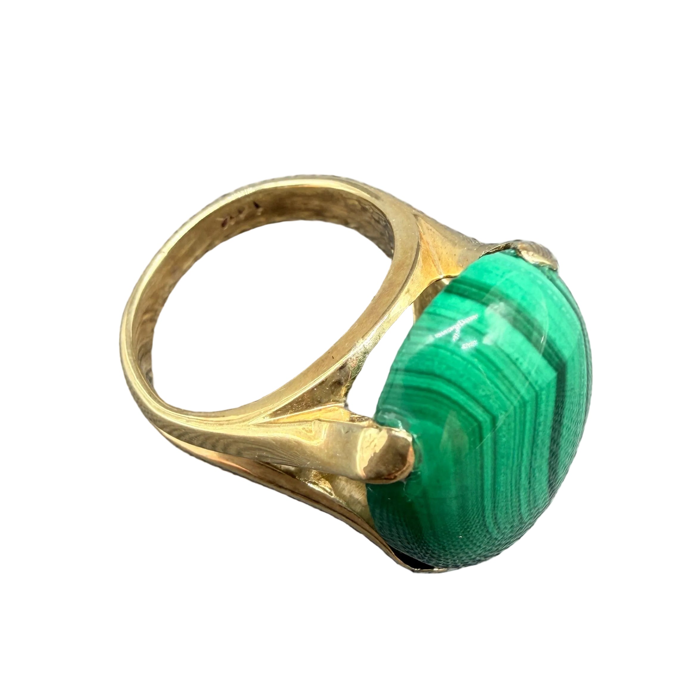 Art Deco 14K Gold High-Prong Malachite Cabochon Ring