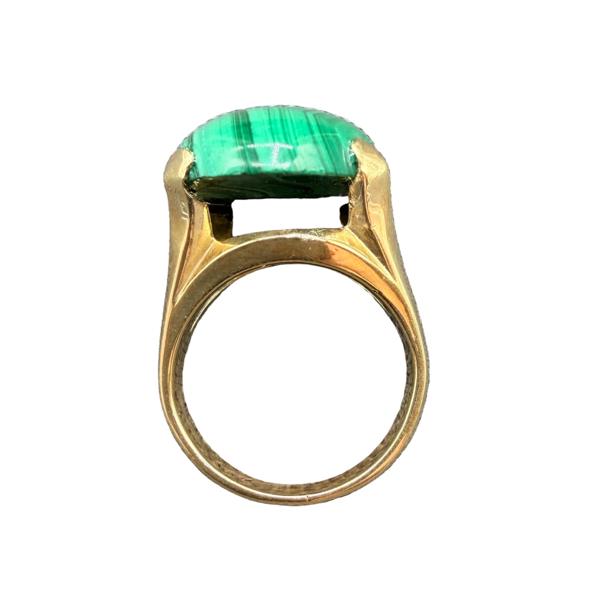 Art Deco 14K Gold High-Prong Malachite Cabochon Ring