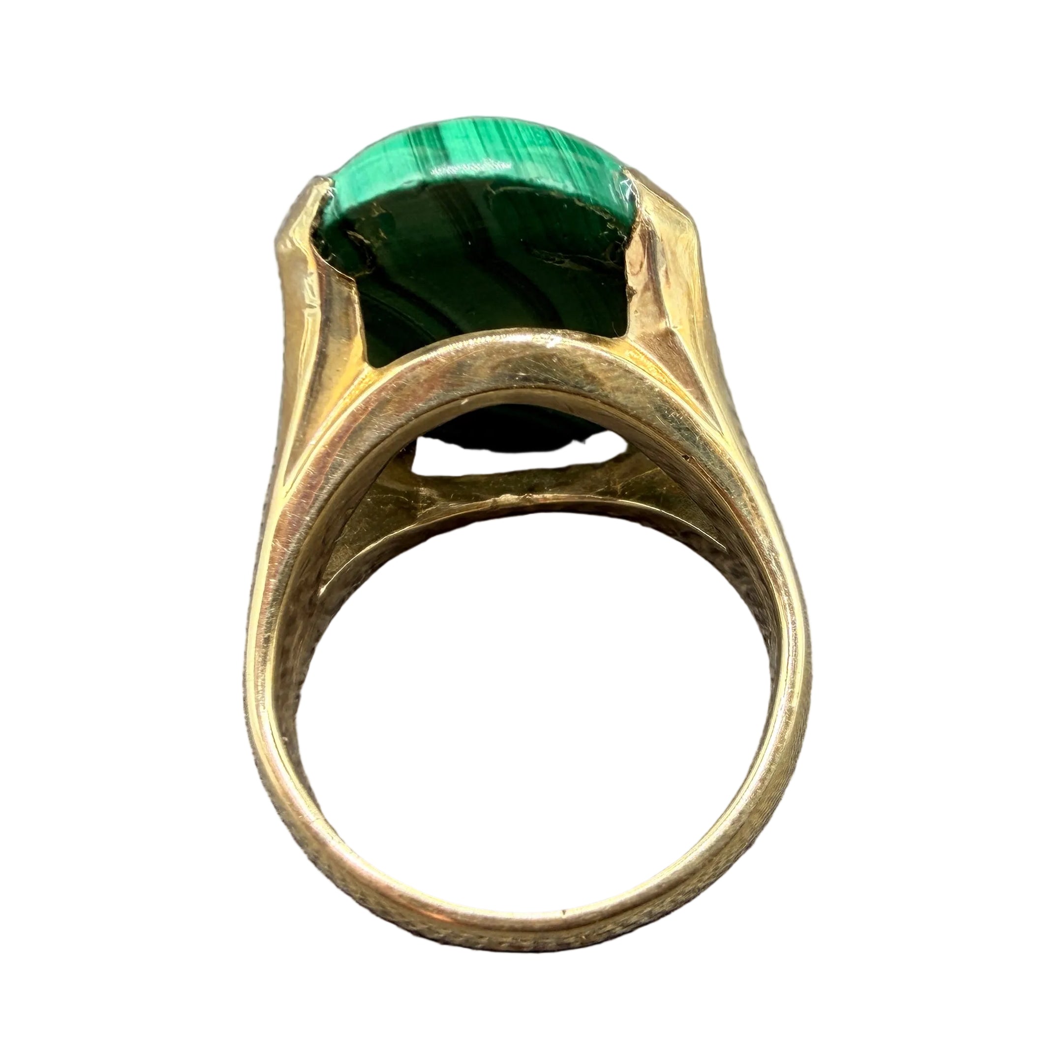 Art Deco 14K Gold High-Prong Malachite Cabochon Ring
