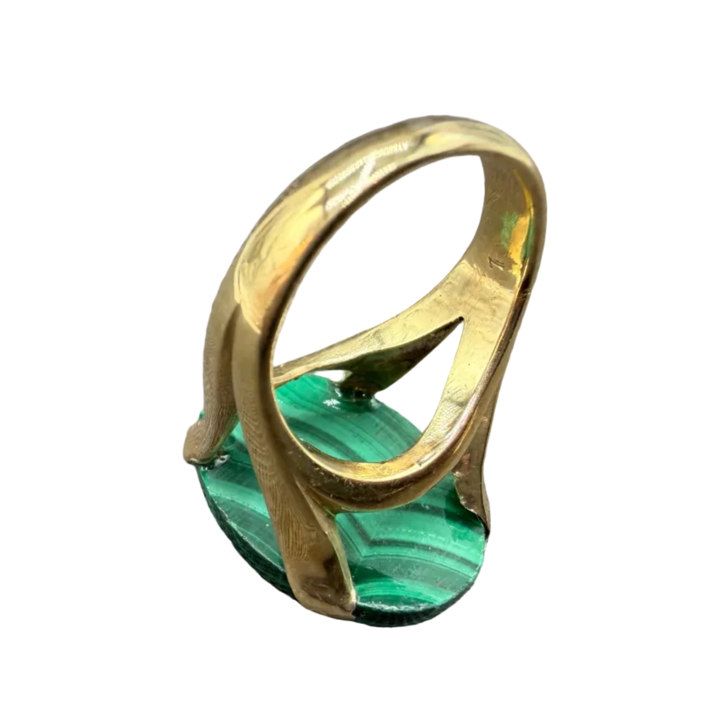 Art Deco 14K Gold High-Prong Malachite Cabochon Ring