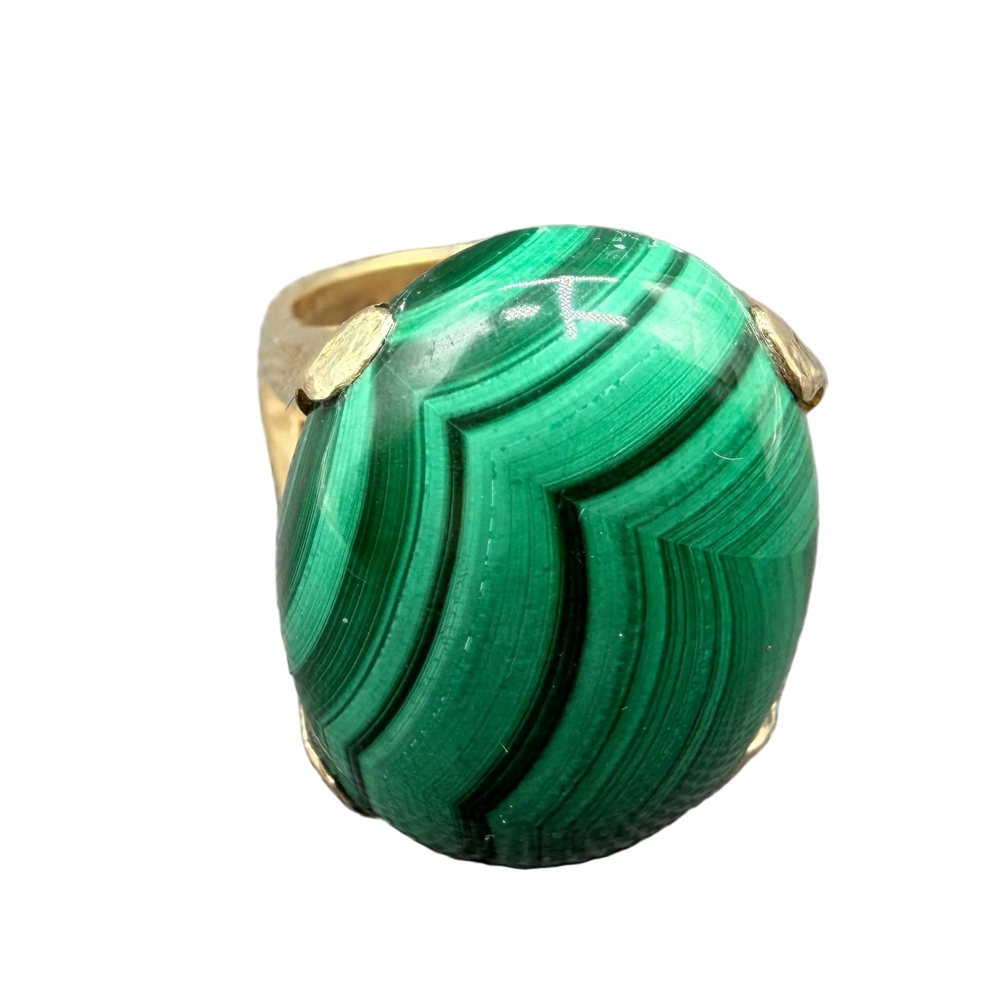 Art Deco 14K Gold High-Prong Malachite Cabochon Ring