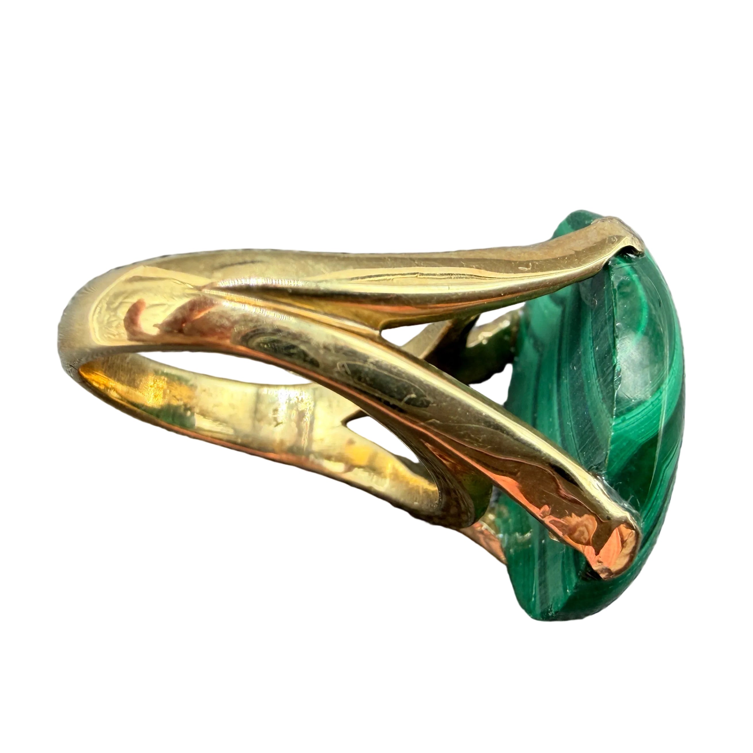 Art Deco 14K Gold High-Prong Malachite Cabochon Ring