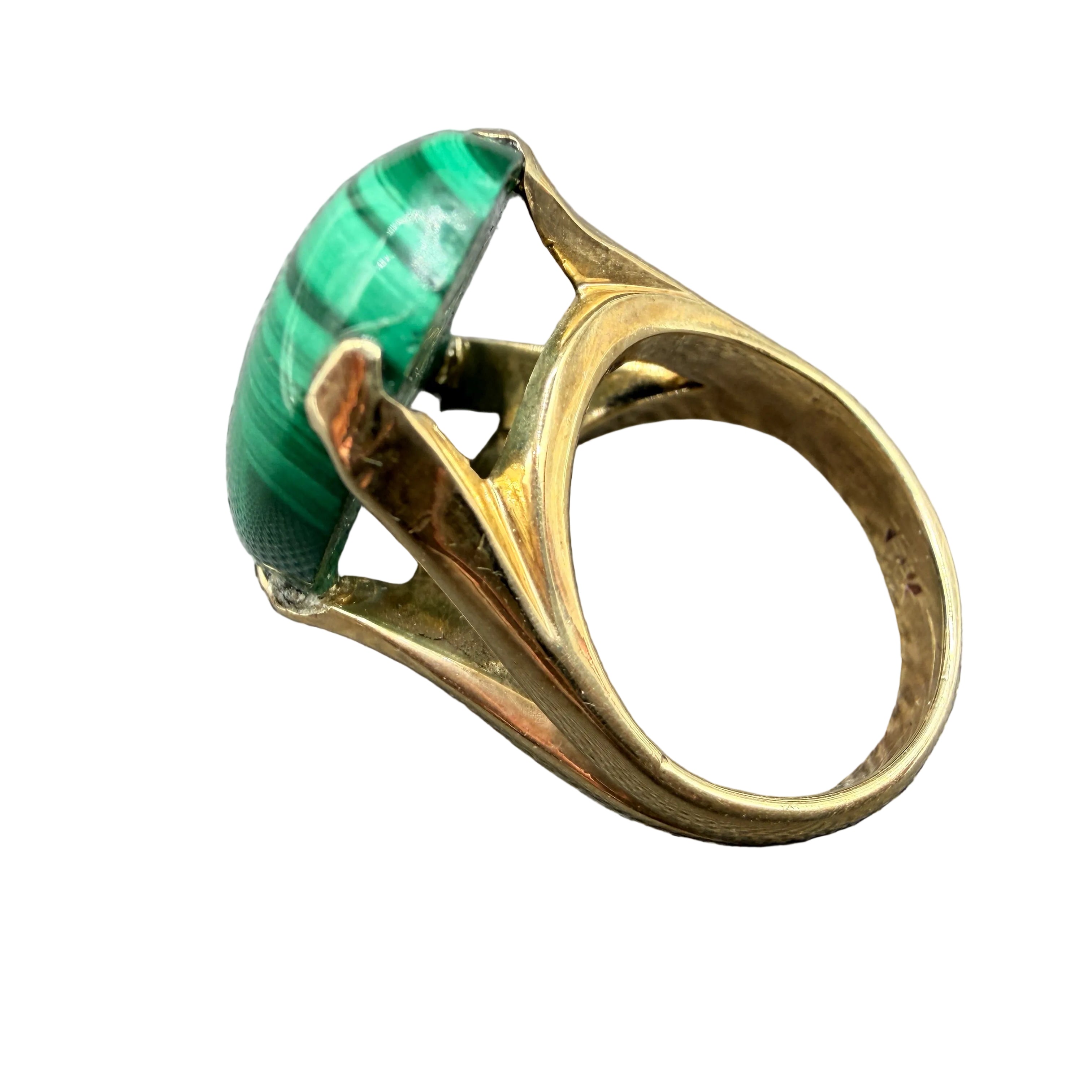 Art Deco 14K Gold High-Prong Malachite Cabochon Ring