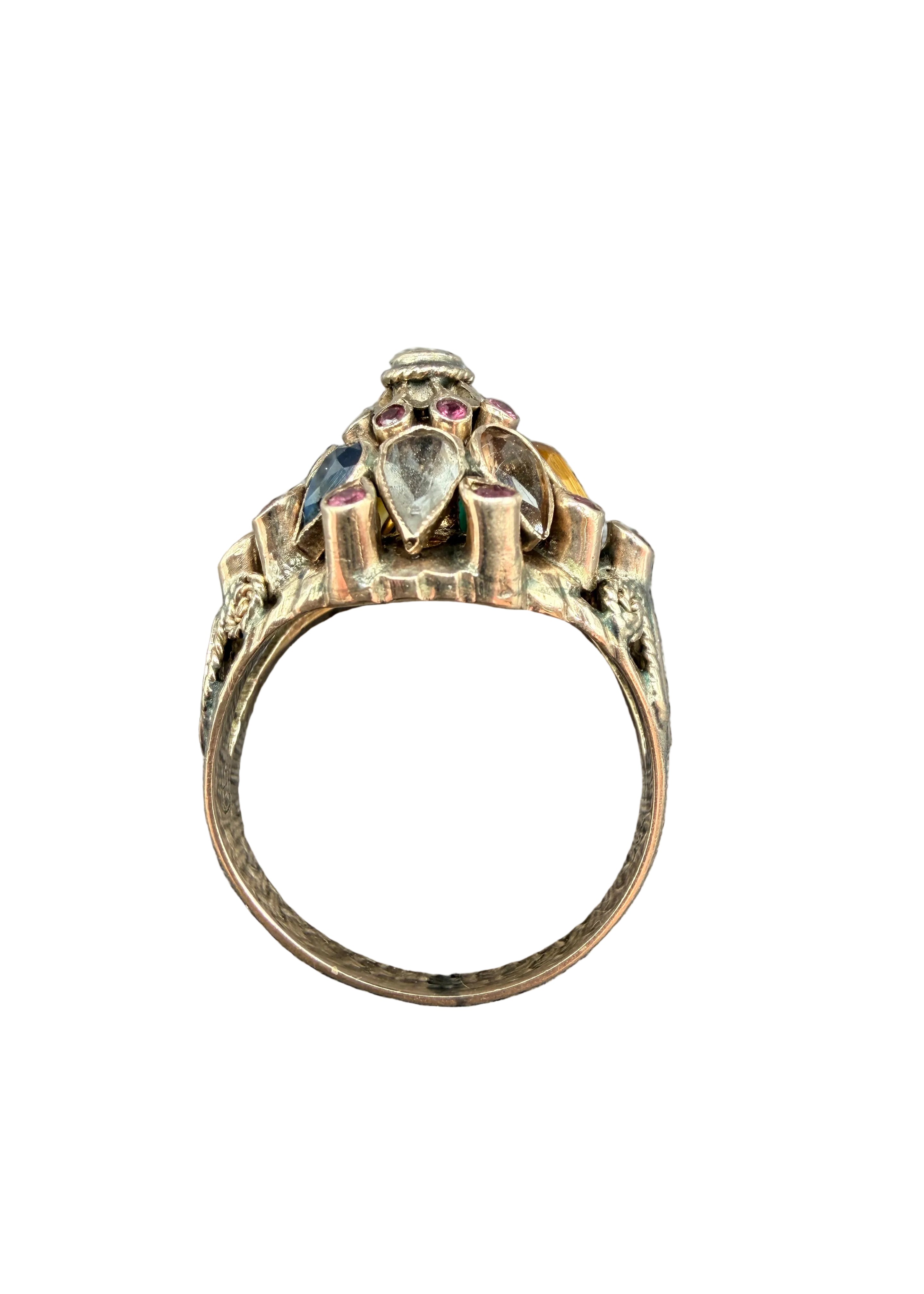 1920s 18K Gold Thai Princess Pyramid Ring with Emeralds, Rubies, Sapphires, Topaz, Citrine & Tiger's Eye