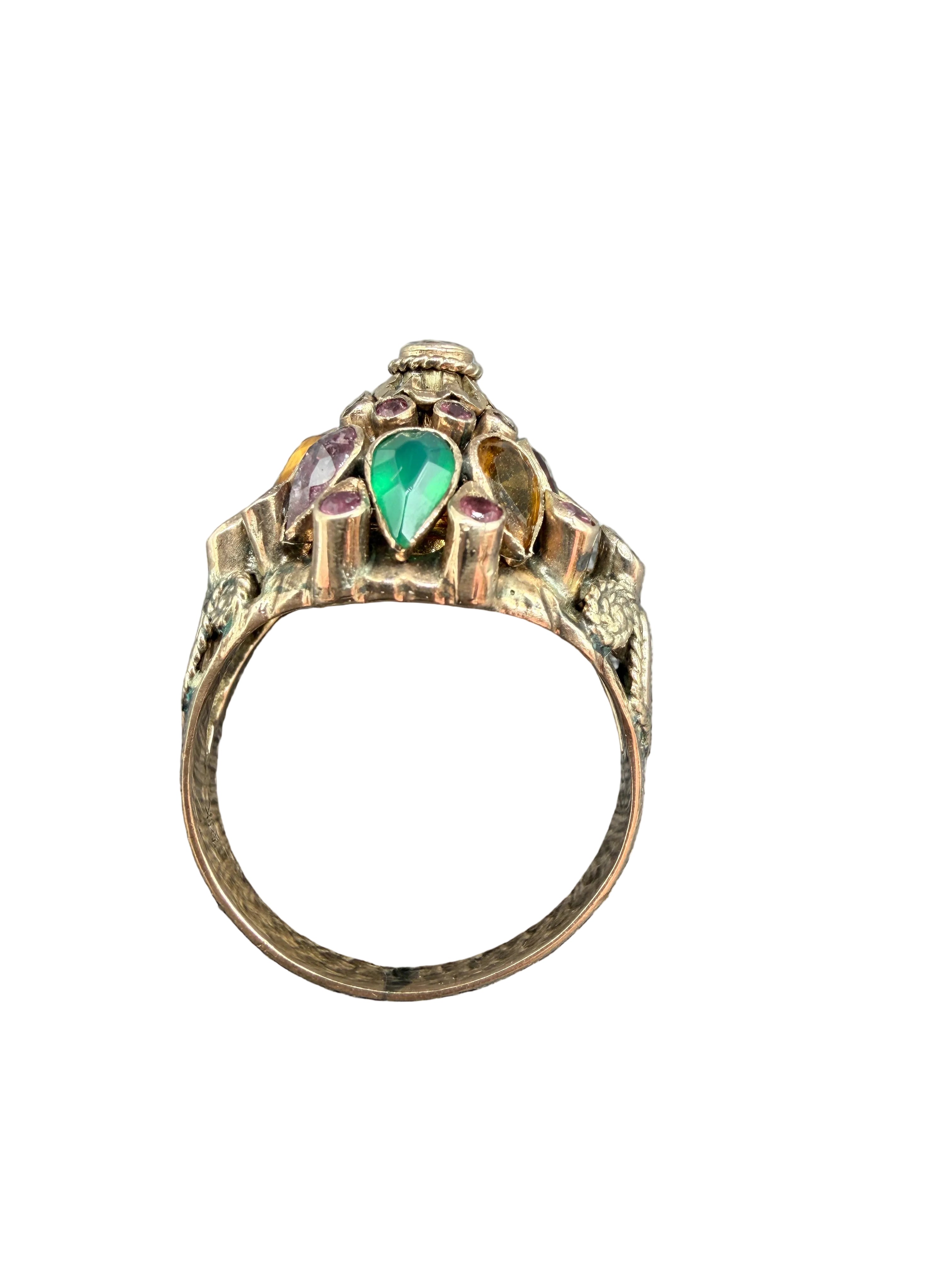 1920s 18K Gold Thai Princess Pyramid Ring with Emeralds, Rubies, Sapphires, Topaz, Citrine & Tiger's Eye