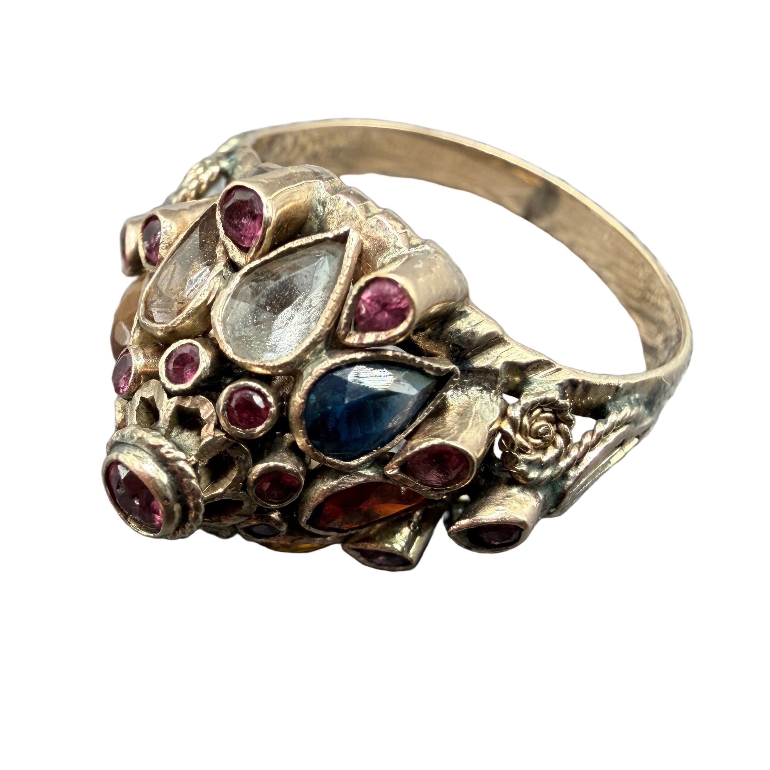 1920s 18K Gold Thai Princess Pyramid Ring with Emeralds, Rubies, Sapphires, Topaz, Citrine & Tiger's Eye