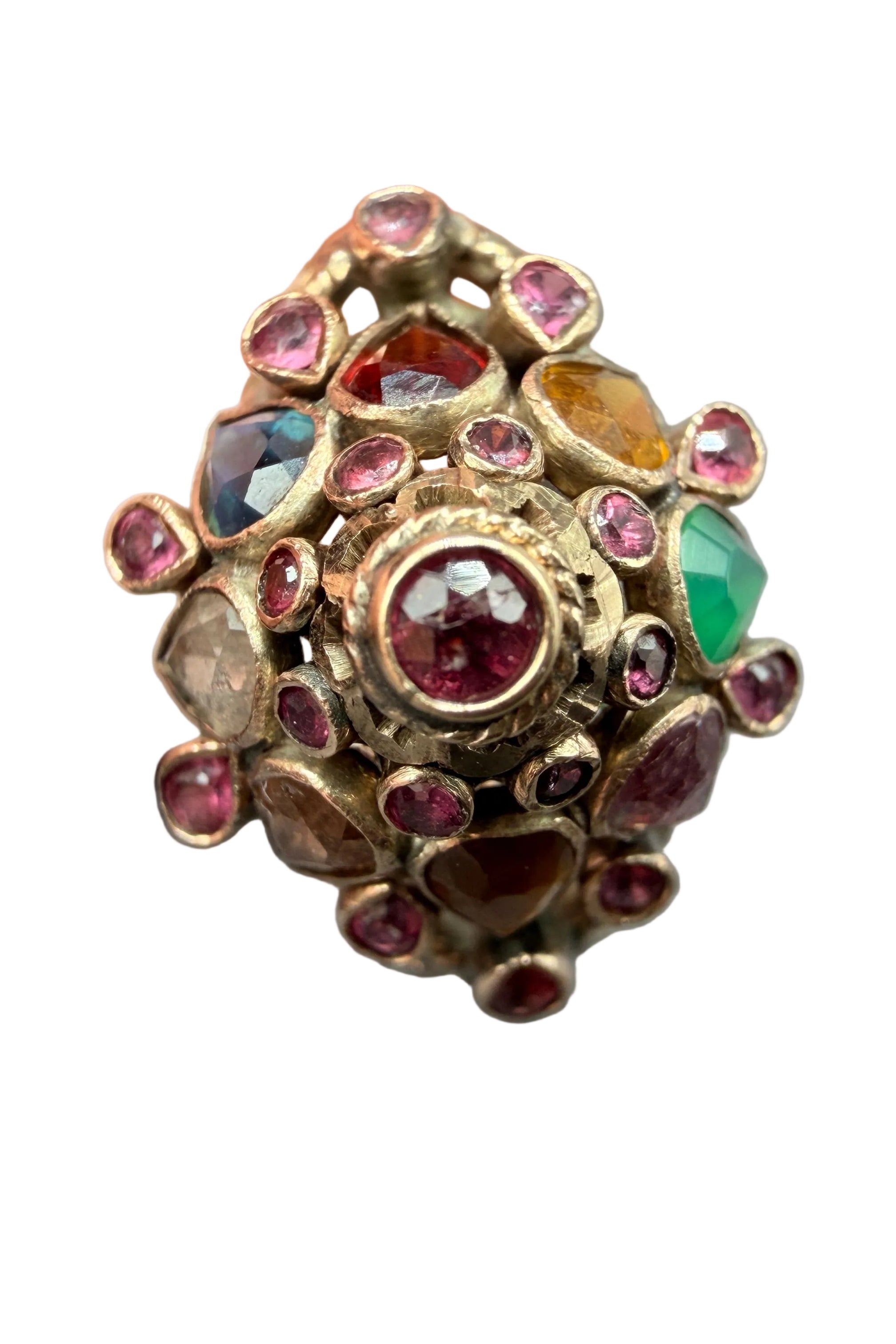 1920s 18K Gold Thai Princess Pyramid Ring with Emeralds, Rubies, Sapphires, Topaz, Citrine & Tiger's Eye