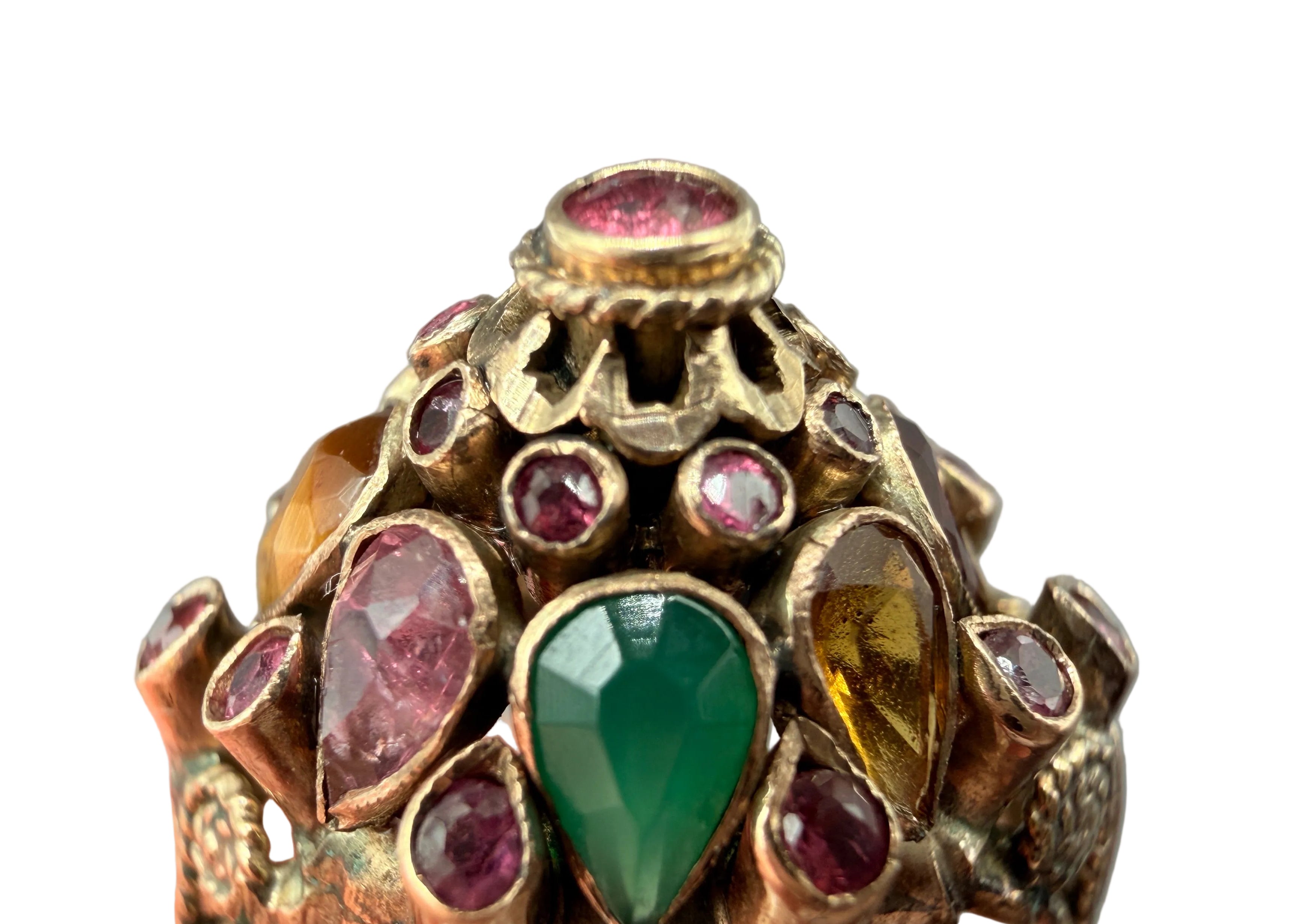 1920s 18K Gold Thai Princess Pyramid Ring with Emeralds, Rubies, Sapphires, Topaz, Citrine & Tiger's Eye