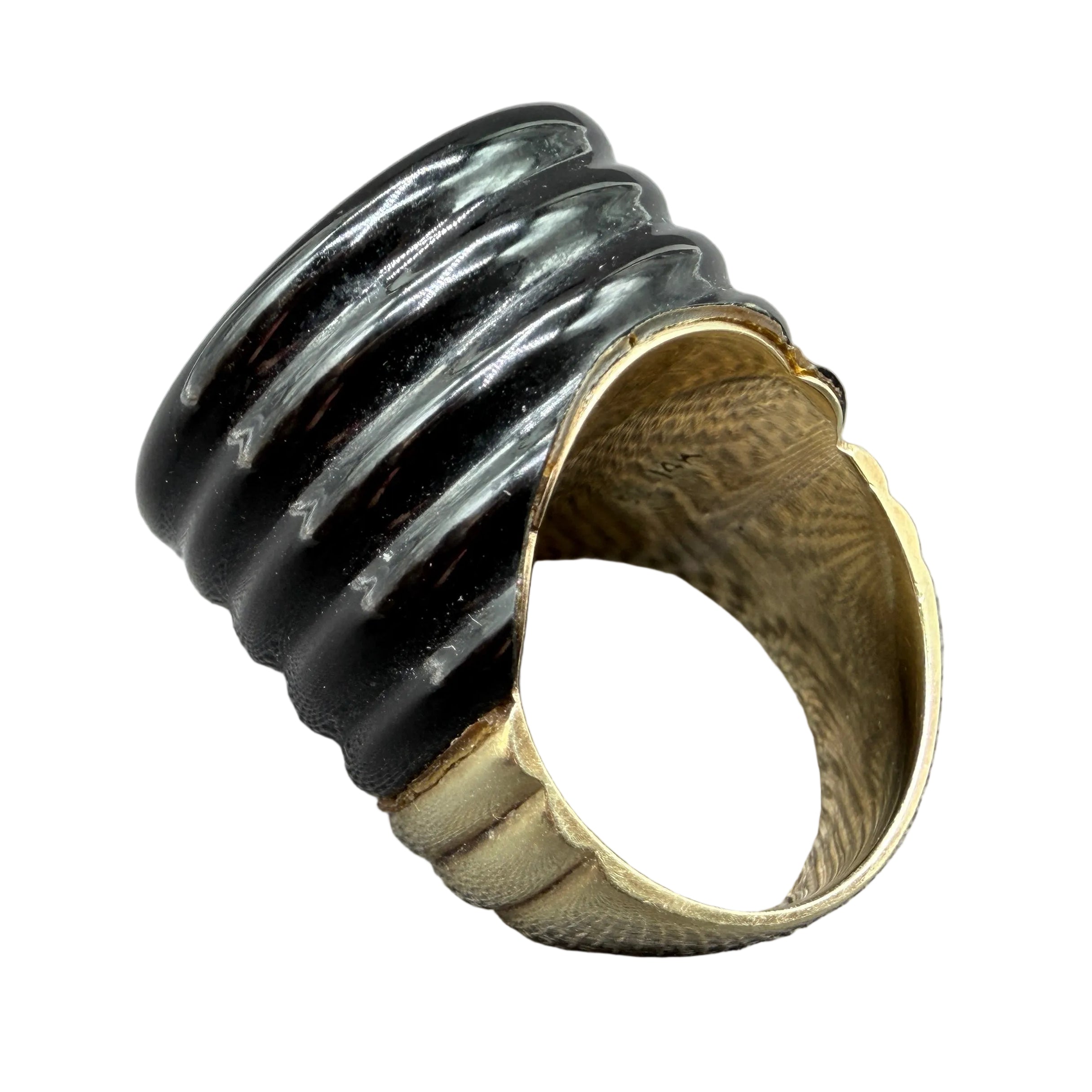 Fred Paris Art Deco-Style 1940s 14K Gold Ring with Carved Onyx Shoulders & Pavé Diamond Top