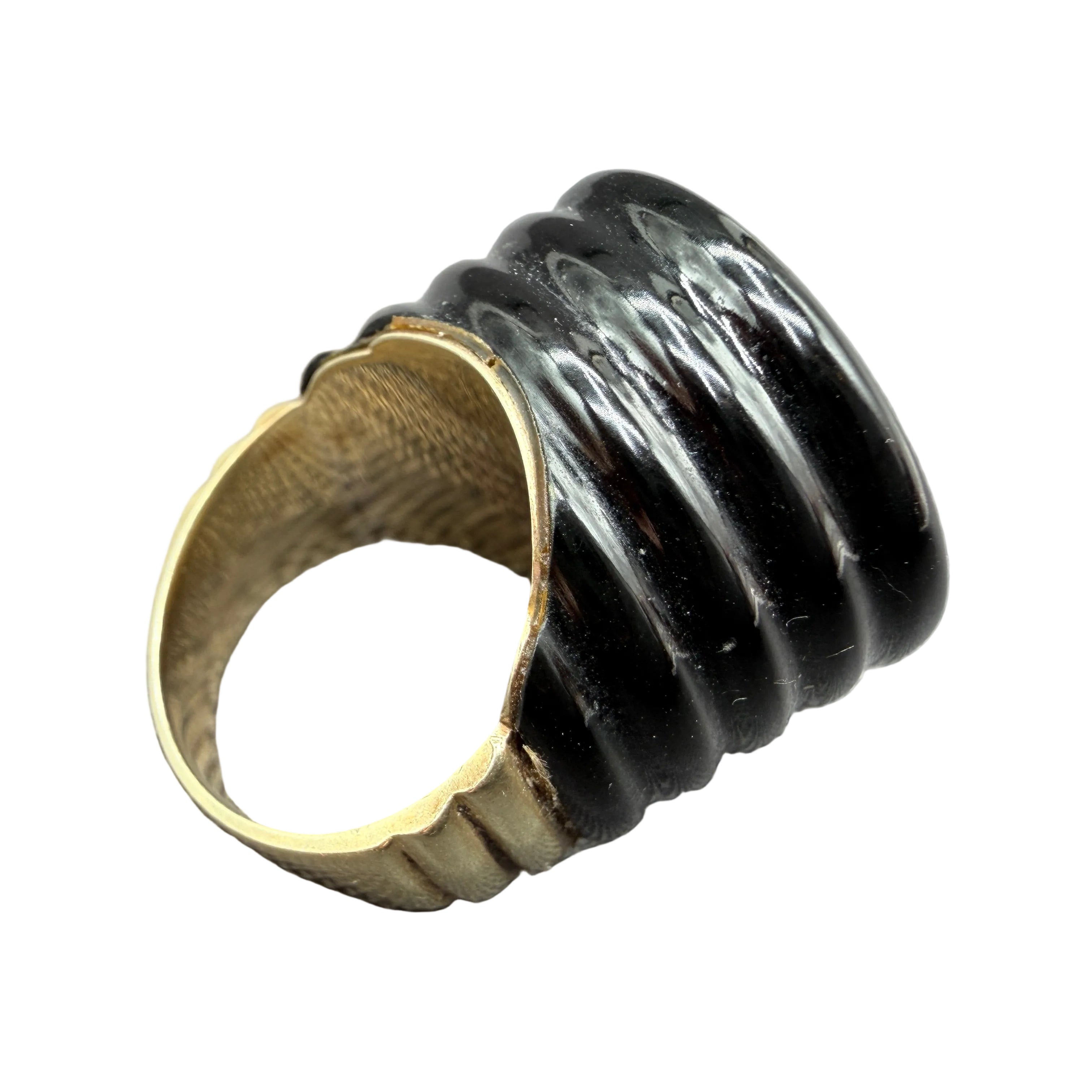 Fred Paris Art Deco-Style 1940s 14K Gold Ring with Carved Onyx Shoulders & Pavé Diamond Top
