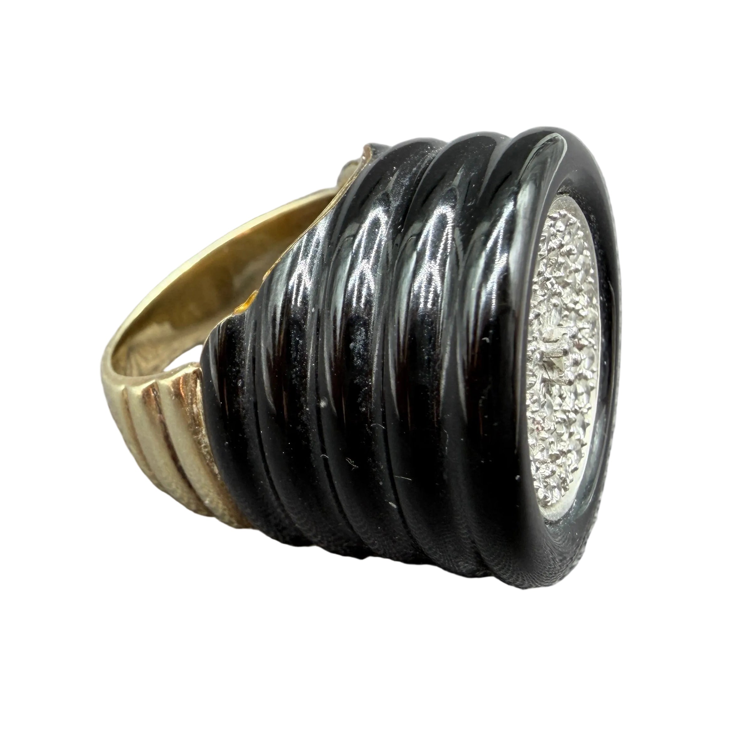 Fred Paris Art Deco-Style 1940s 14K Gold Ring with Carved Onyx Shoulders & Pavé Diamond Top