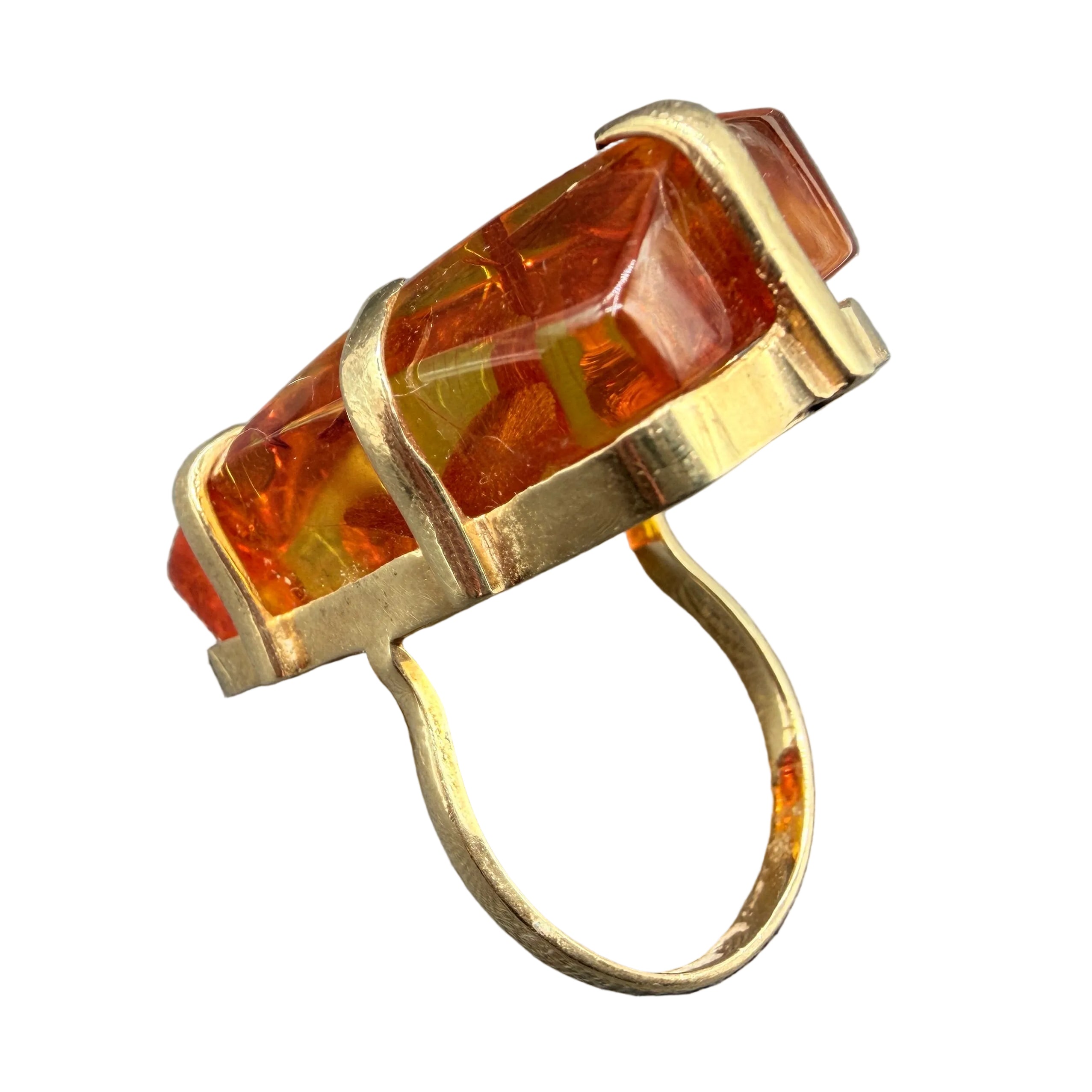 1970s 14K Gold Amber Ring with Sculptural Claw Prongs