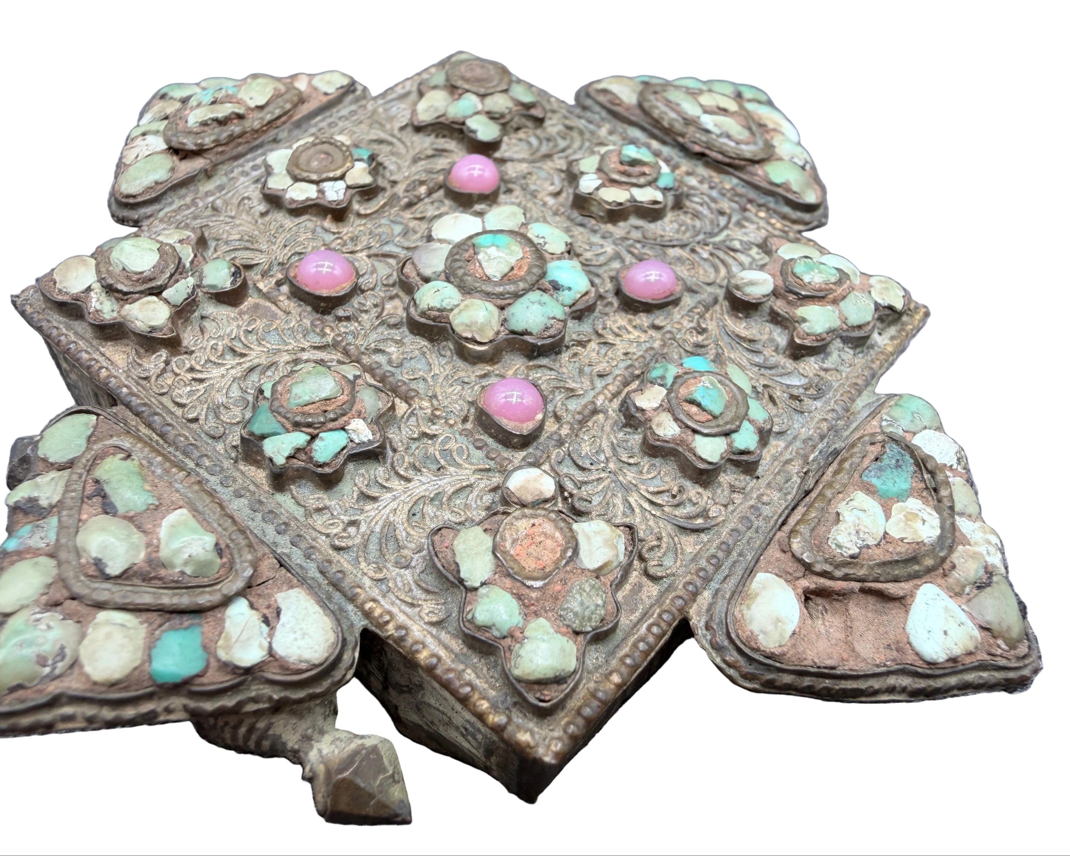 Antique Tibetan Gau Prayer Box Pendant with Turquoise & Rose Quartz