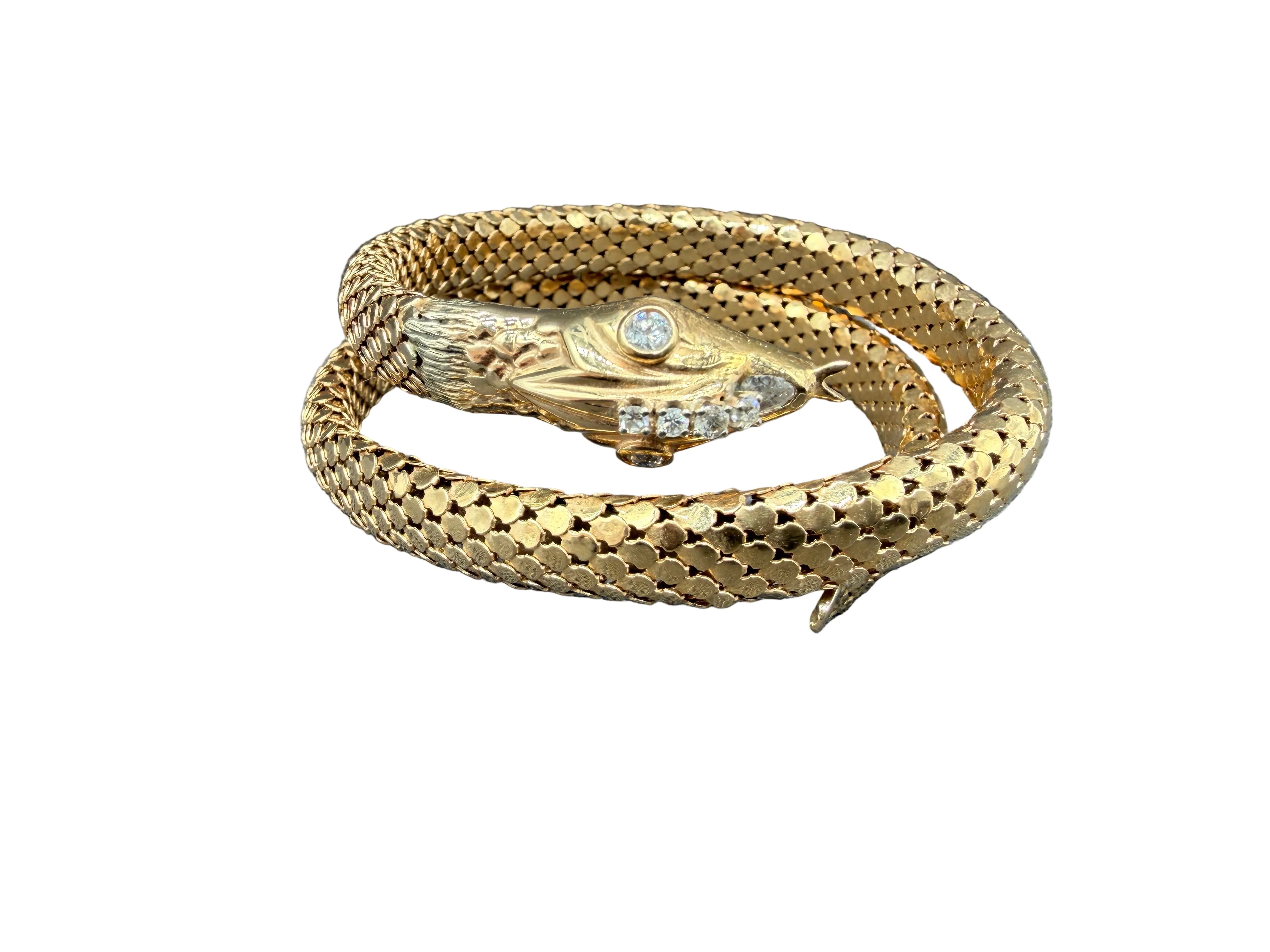 Antique Italian 18K Gold Snake Wrap Bracelet with Diamond Eyes, Head & Nose with Sculpted Head