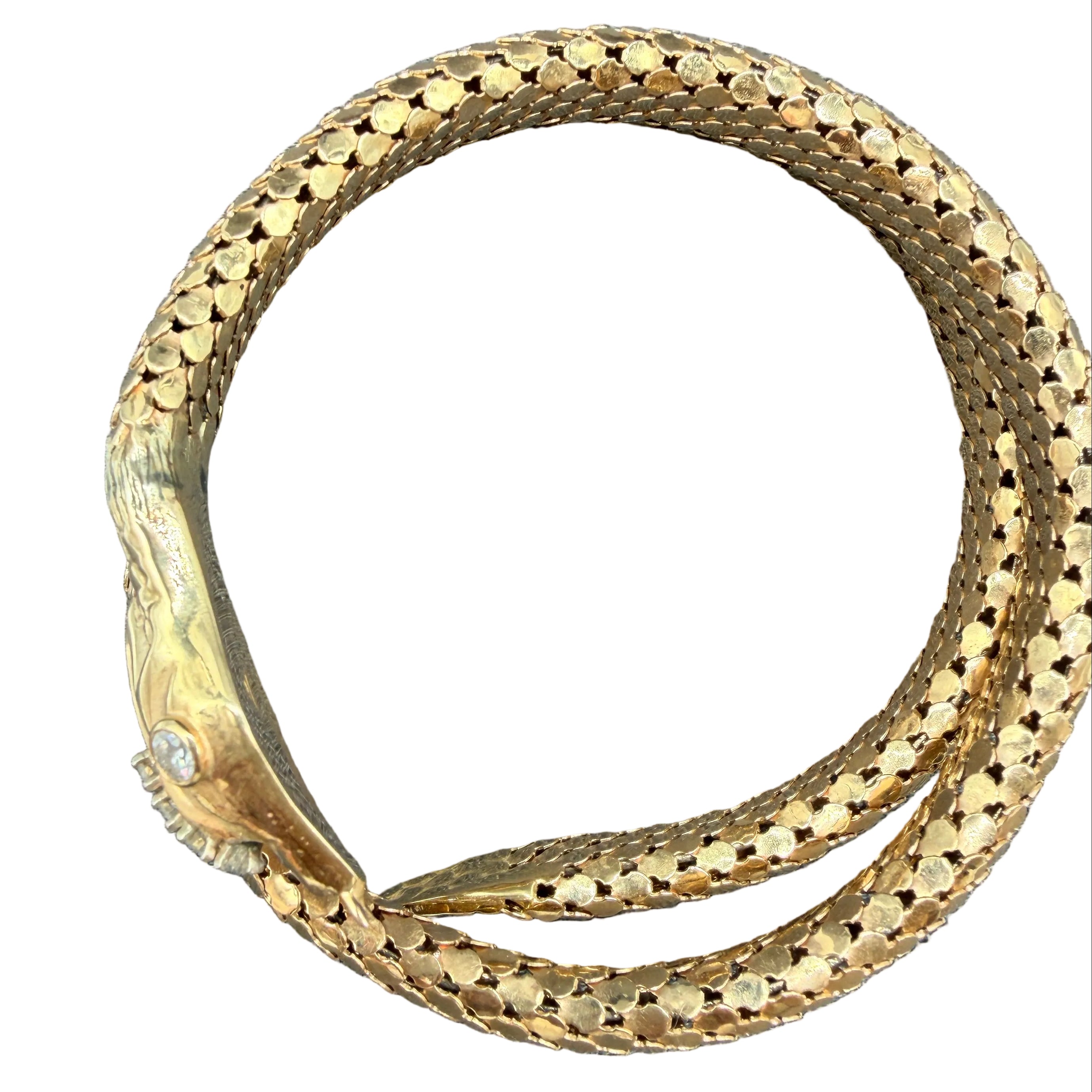 Antique Italian 18K Gold Snake Wrap Bracelet with Diamond Eyes, Head & Nose with Sculpted Head