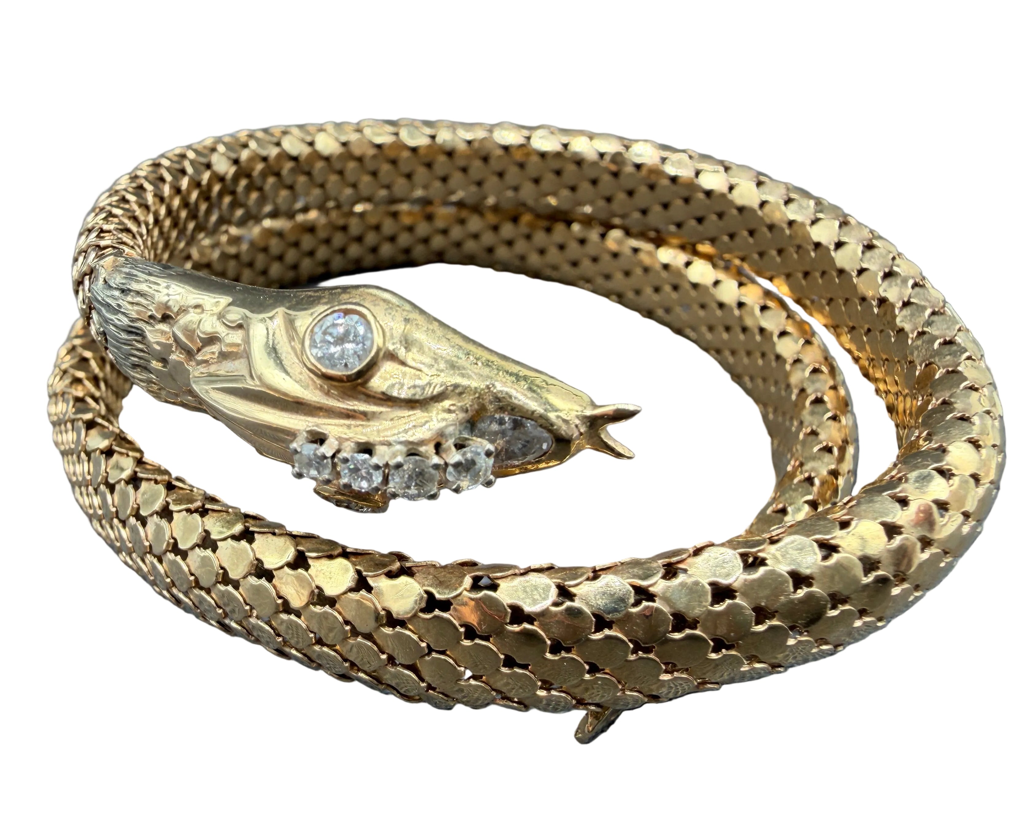 Antique Italian 18K Gold Snake Wrap Bracelet with Diamond Eyes, Head & Nose with Sculpted Head