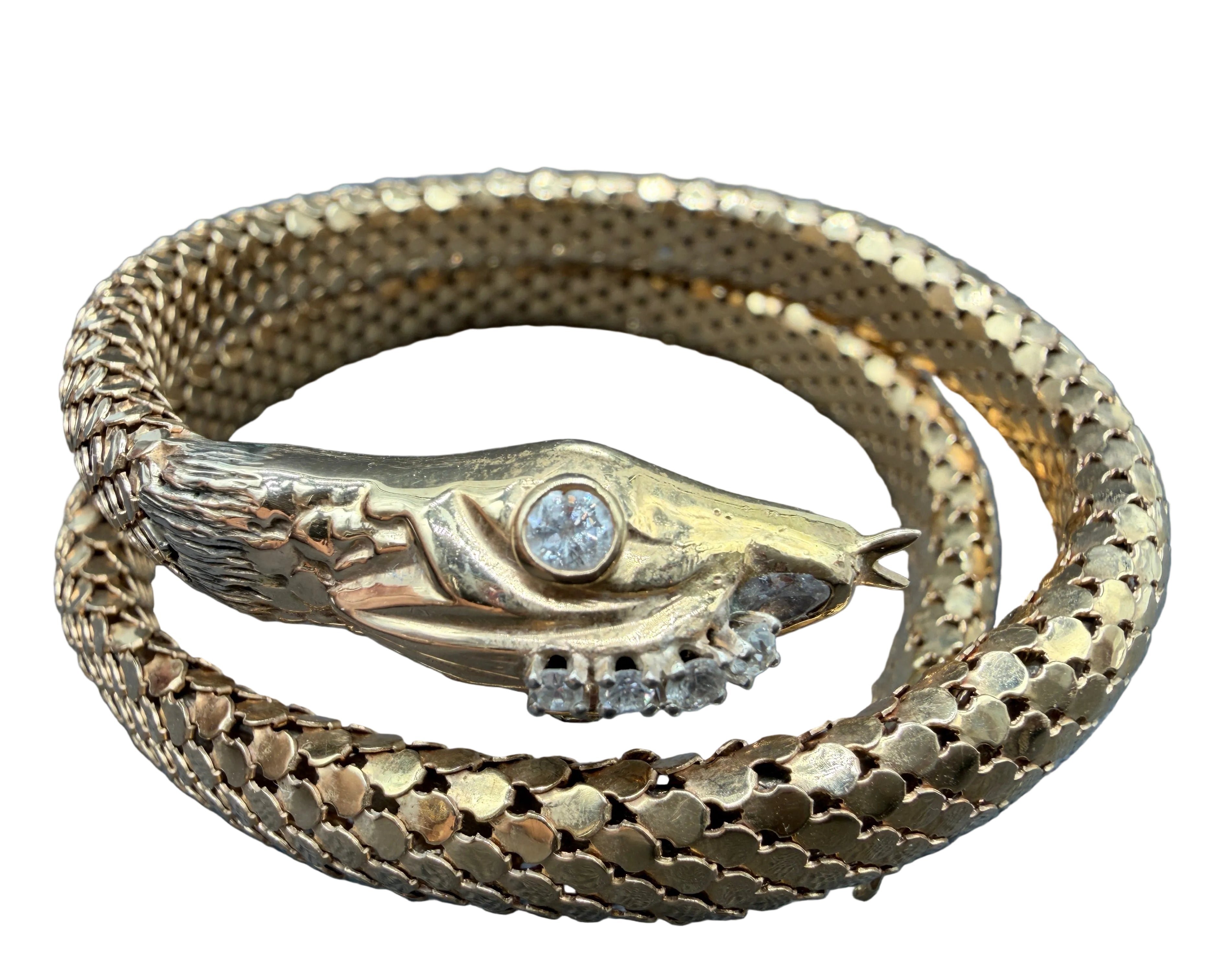 Antique Italian 18K Gold Snake Wrap Bracelet with Diamond Eyes, Head & Nose with Sculpted Head