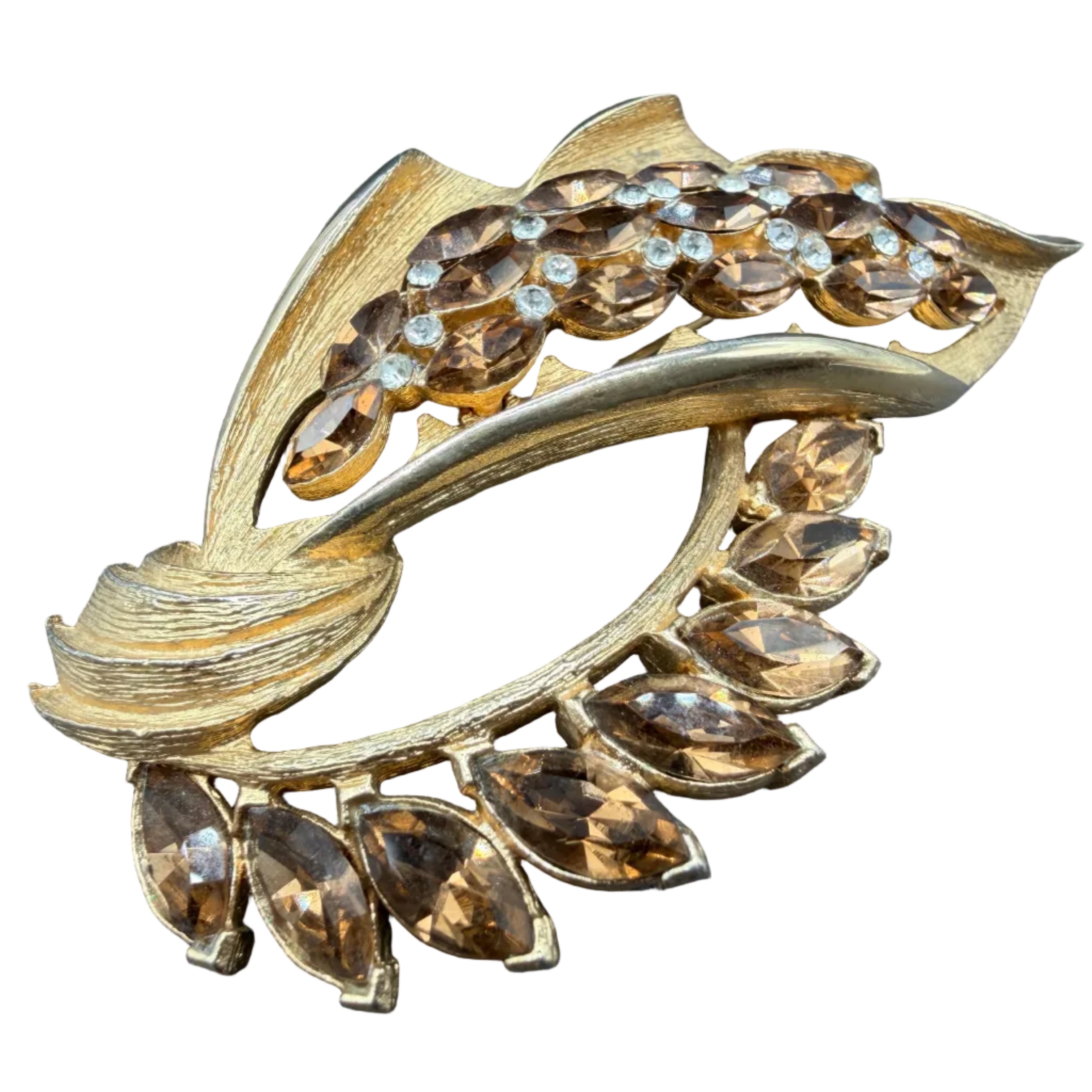 1950s Ciner Gold-Tone Leaf & Vine Brooch with Amber Rhinestones