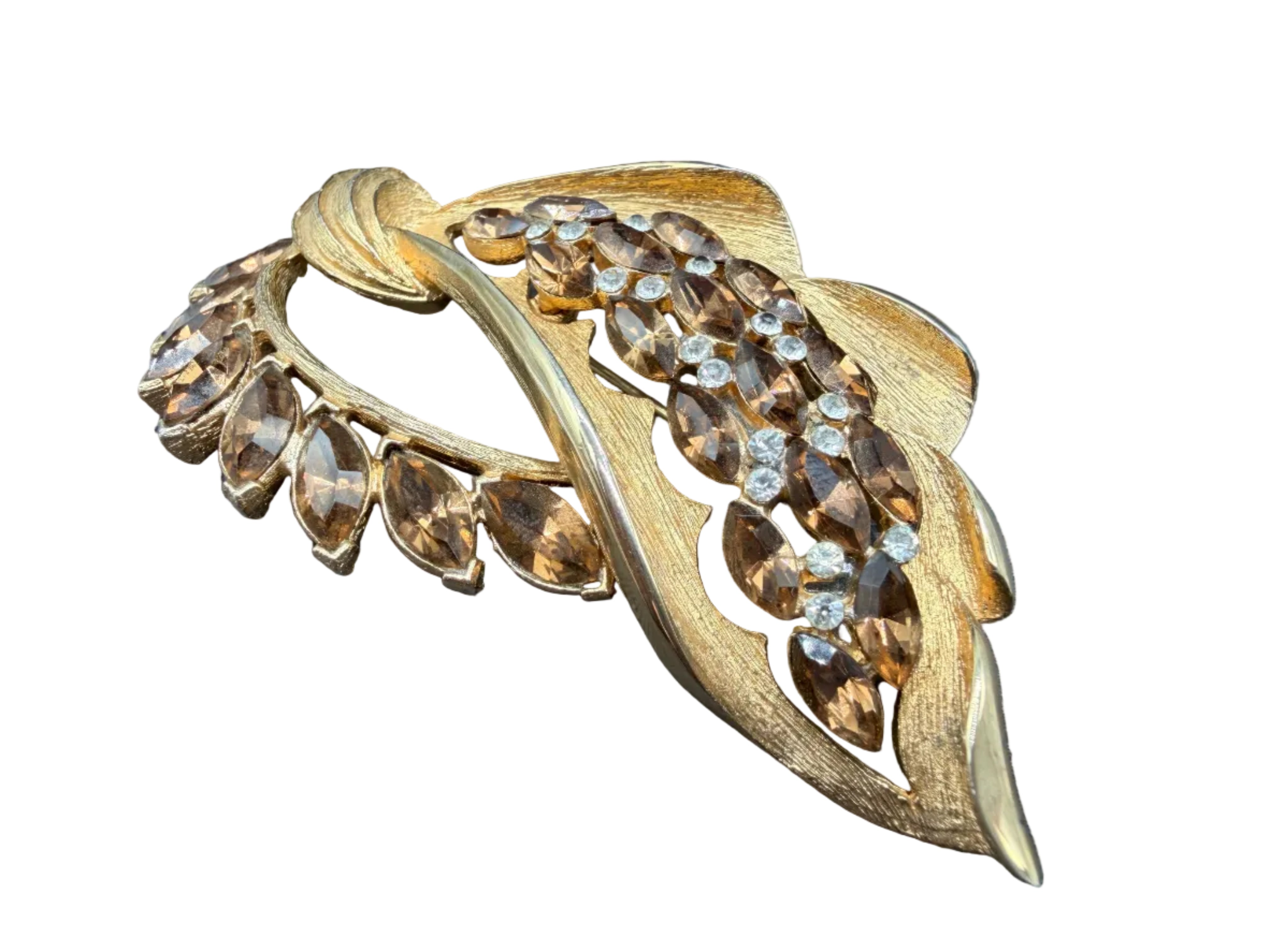 1950s Ciner Gold-Tone Leaf & Vine Brooch with Amber Rhinestones
