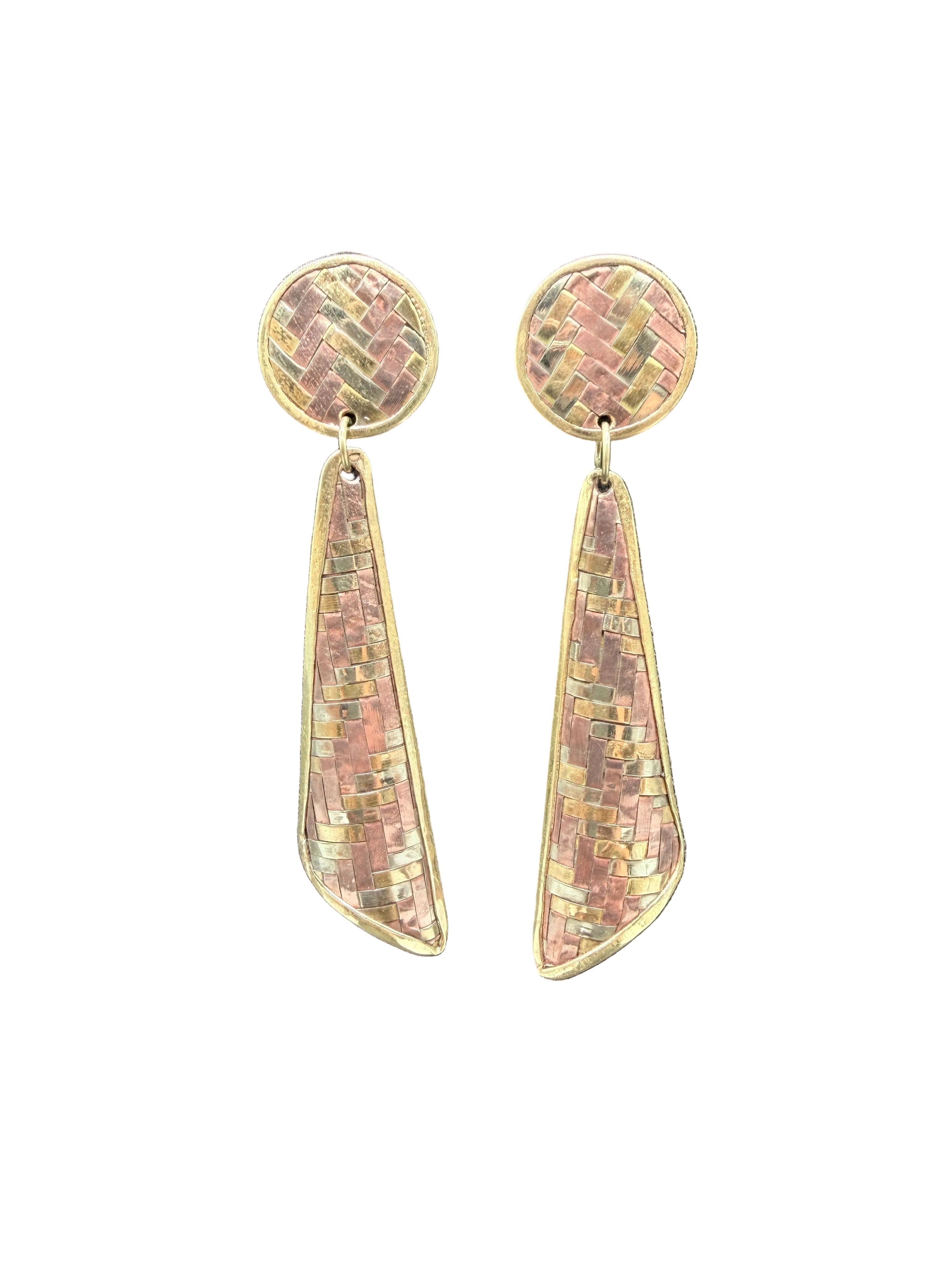 1970s Mixed Metal Brass, Copper & Sterling Silver Basket Weave Dangle Earrings