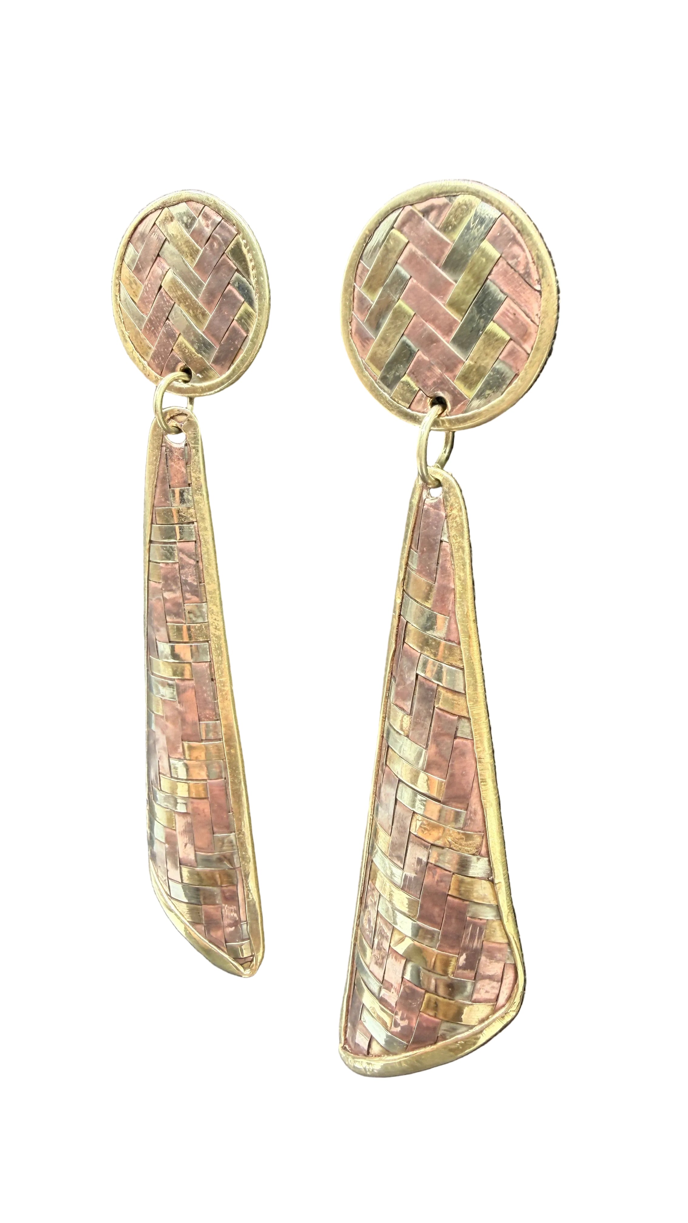 1970s Mixed Metal Brass, Copper & Sterling Silver Basket Weave Dangle Earrings