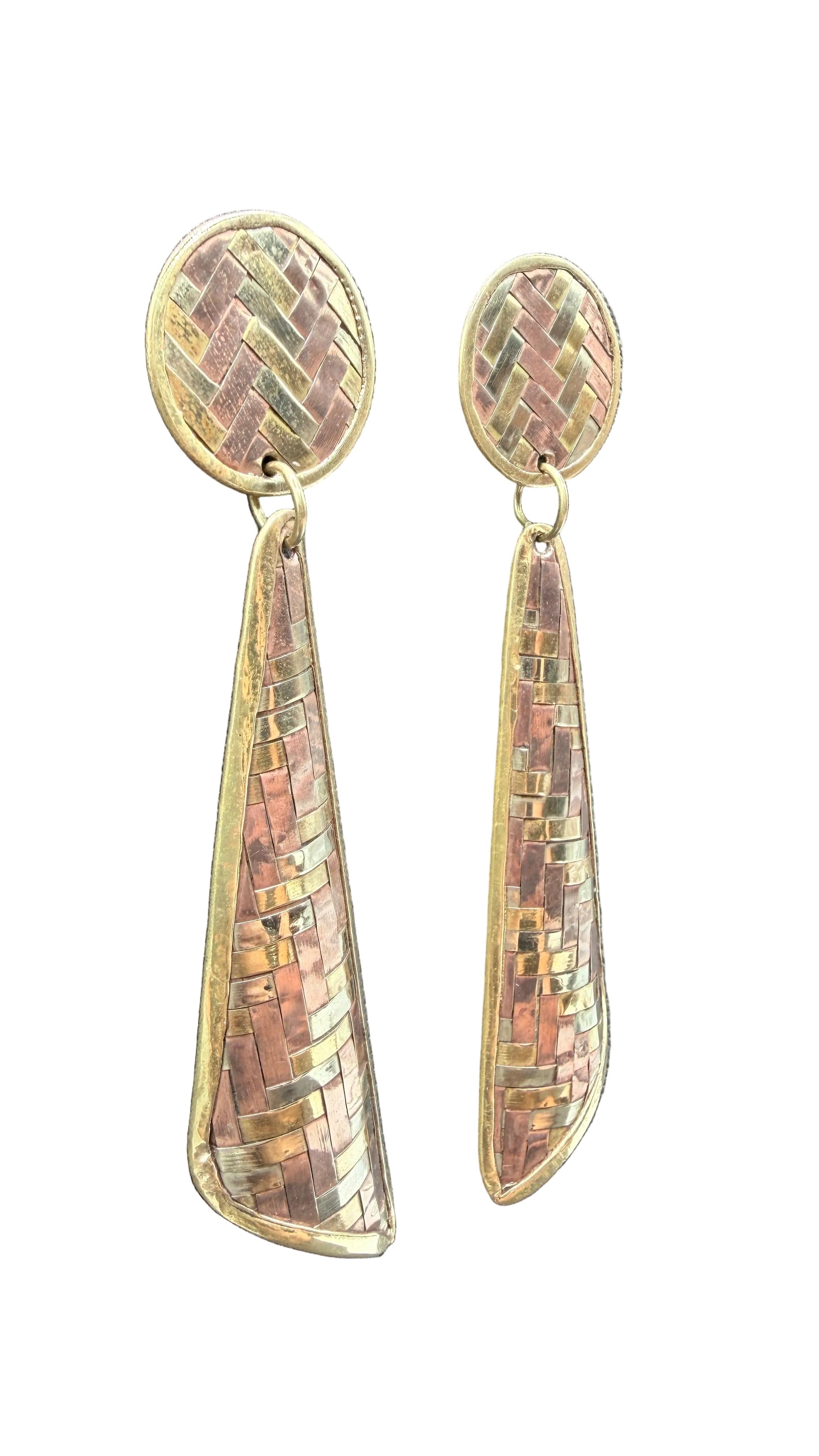 1970s Mixed Metal Brass, Copper & Sterling Silver Basket Weave Dangle Earrings