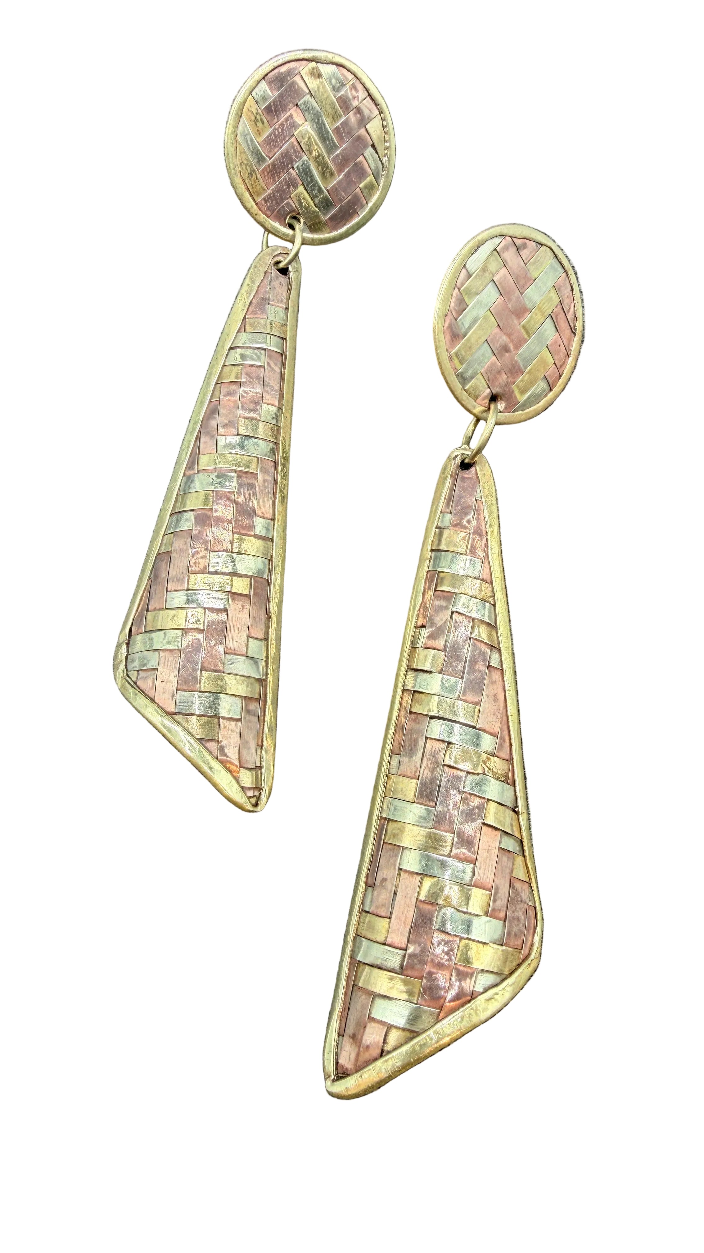1970s Mixed Metal Brass, Copper & Sterling Silver Basket Weave Dangle Earrings