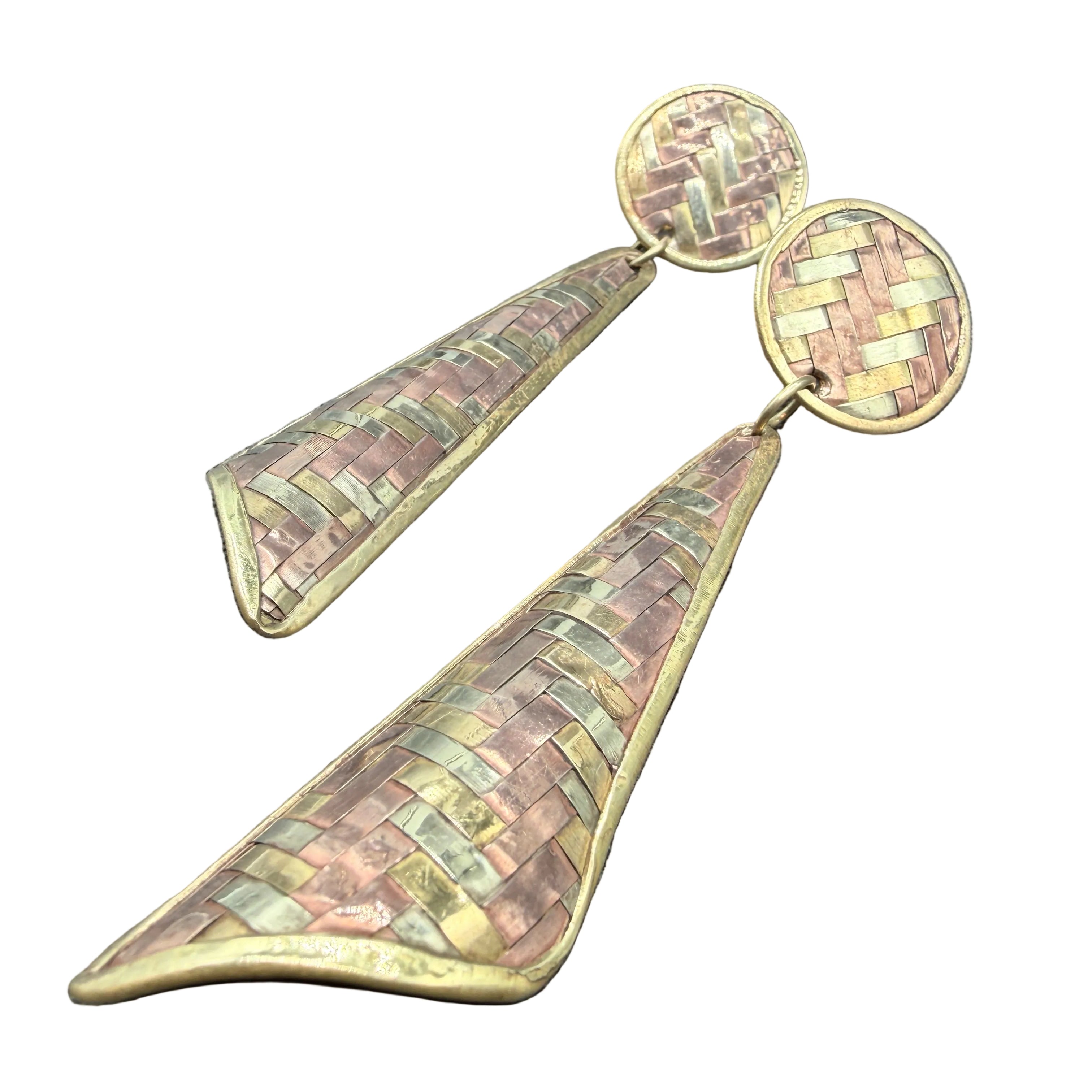 1970s Mixed Metal Brass, Copper & Sterling Silver Basket Weave Dangle Earrings