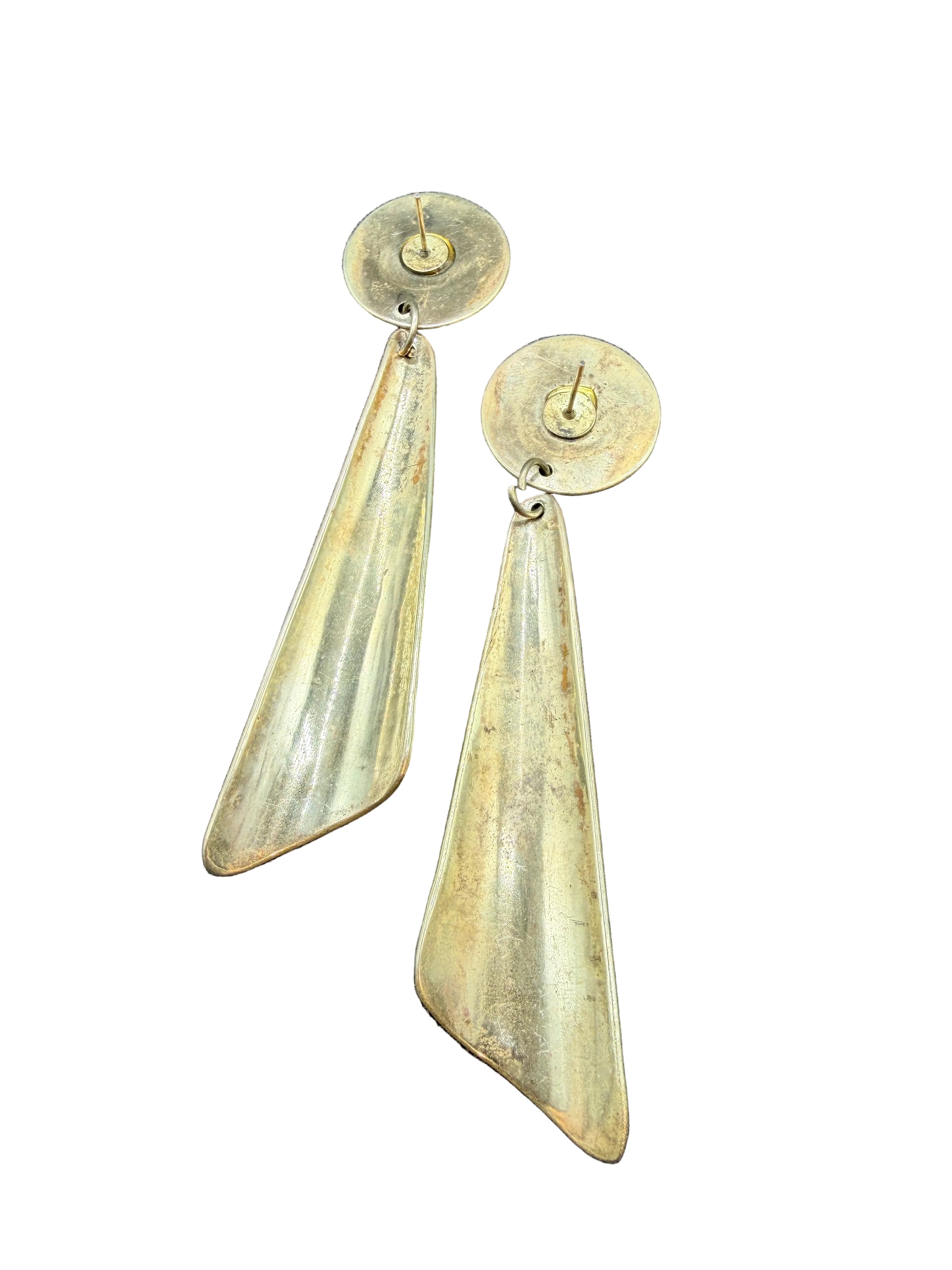 1970s Mixed Metal Brass, Copper & Sterling Silver Basket Weave Dangle Earrings