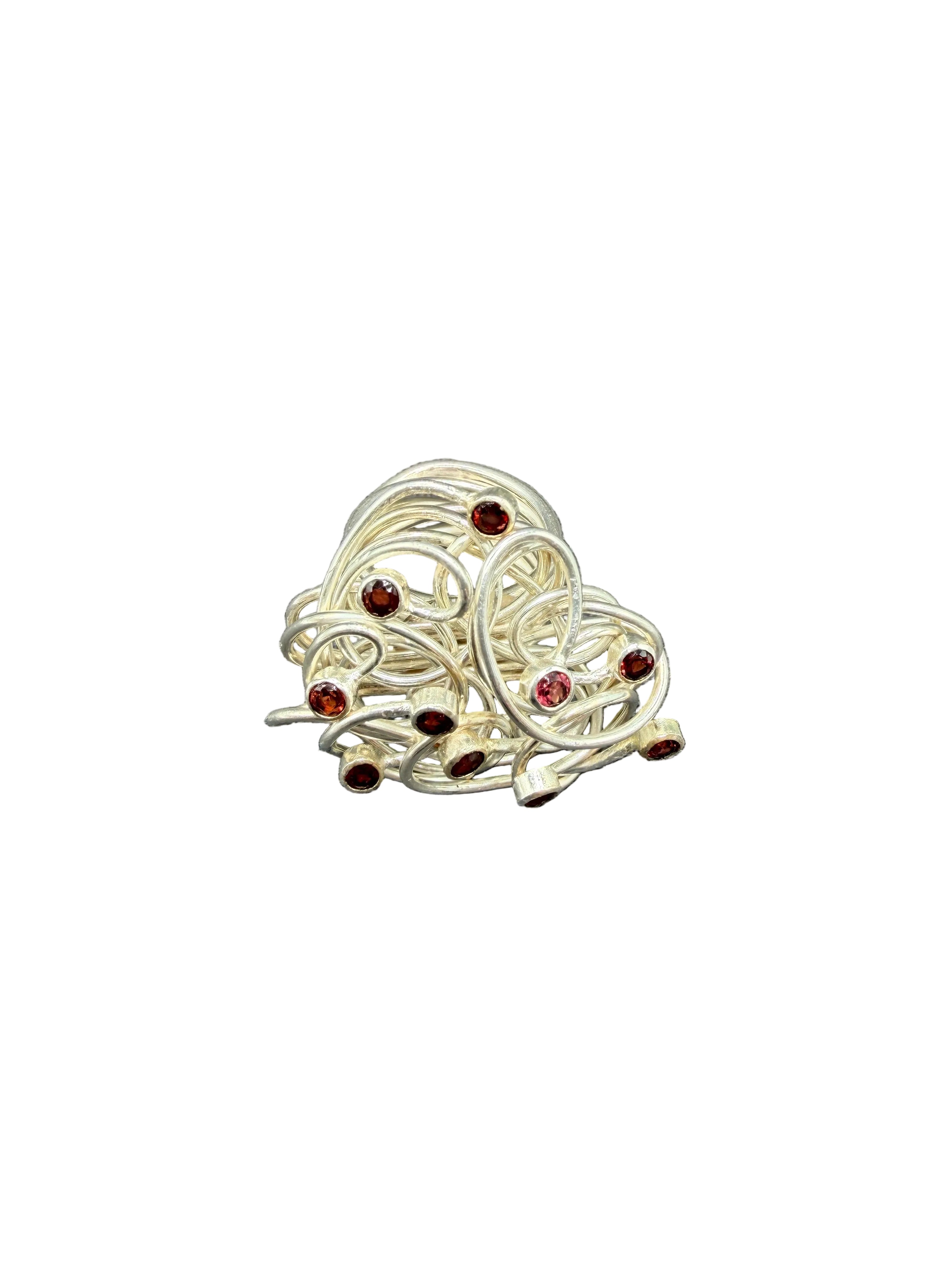 1970s Sterling Silver Wire Nest Ring with Ten Red Tourmalines
