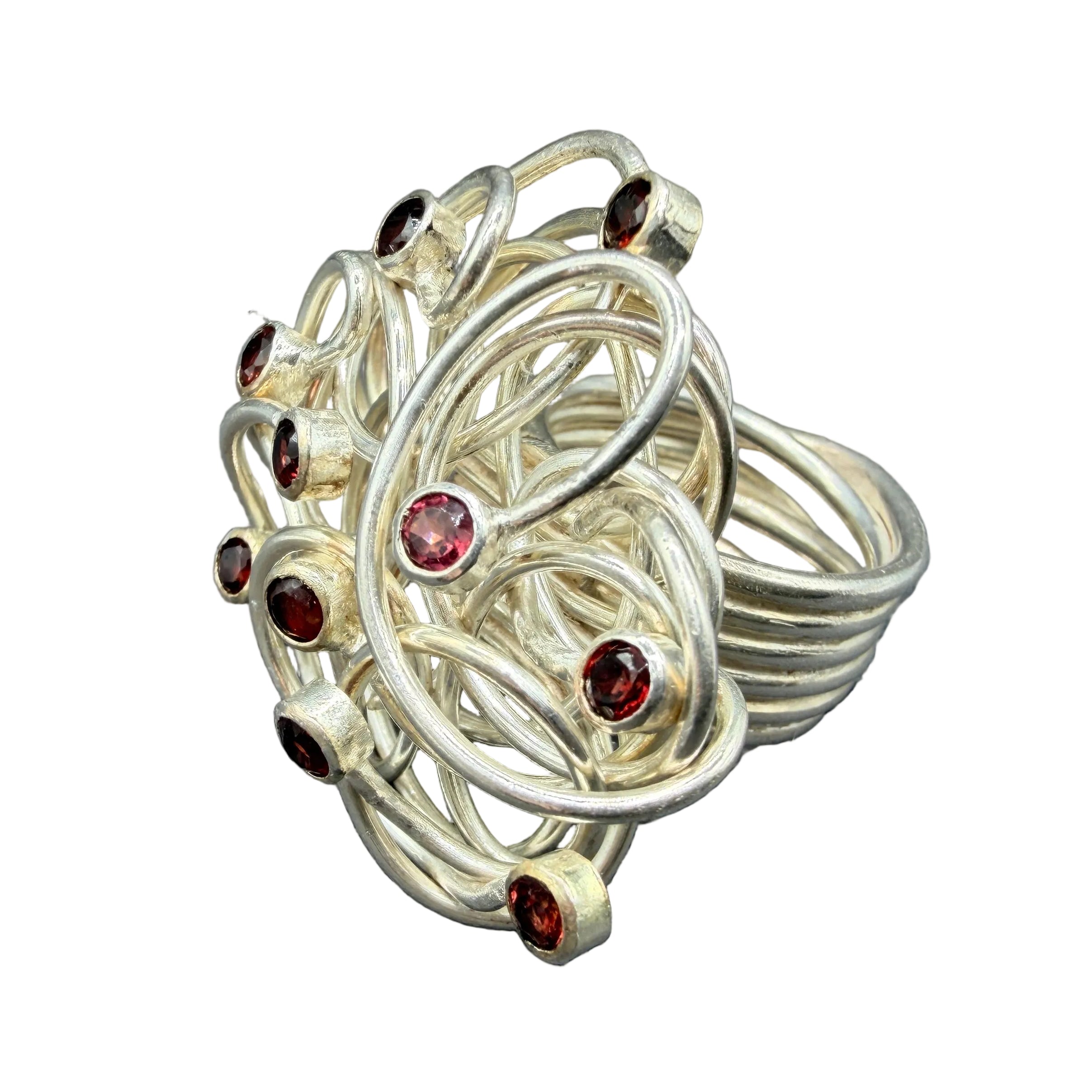 1970s Sterling Silver Wire Nest Ring with Ten Red Tourmalines